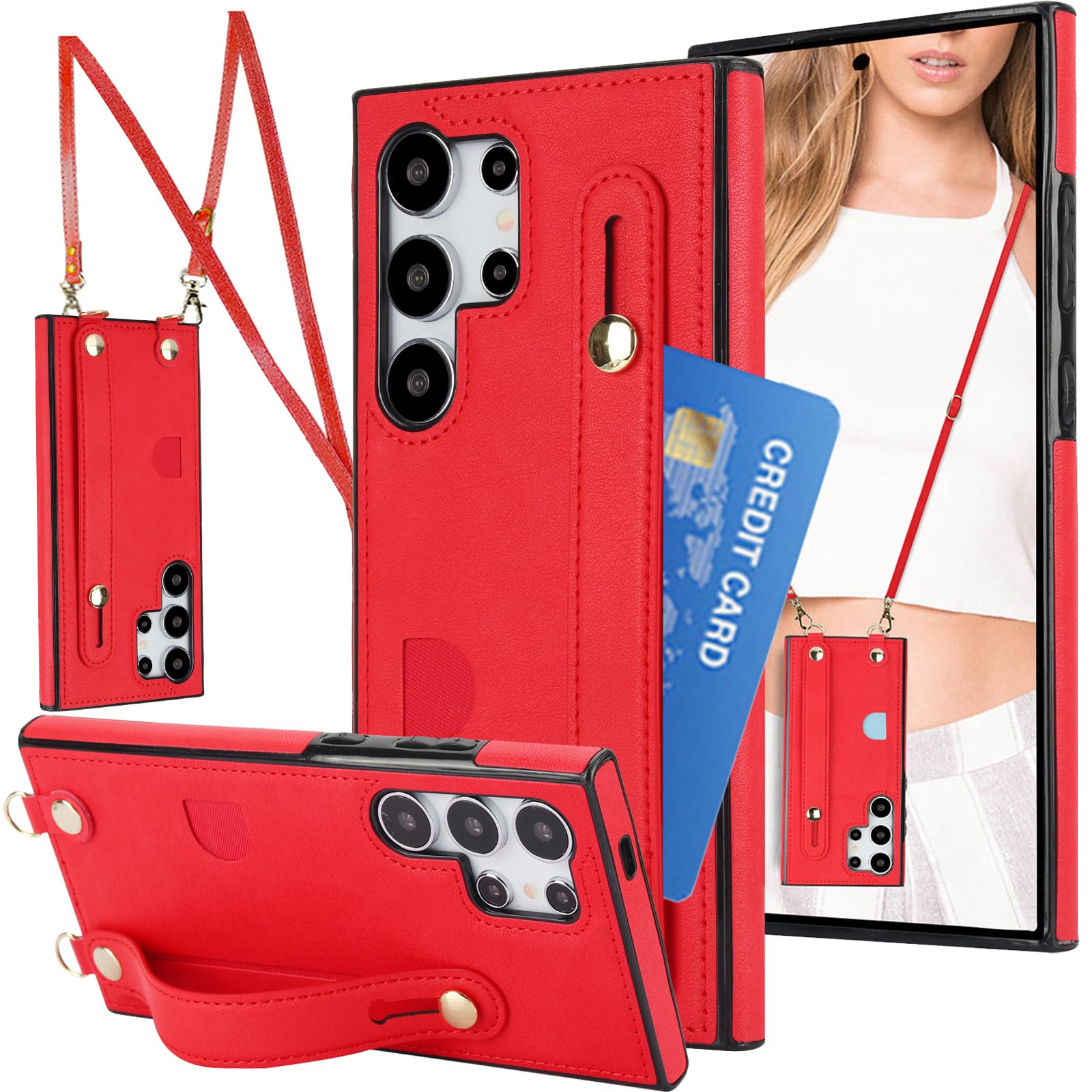 CCSmall for Samsung Galaxy S23 Ultra Crossbody Phone Case with Card Slot for Women, PU Leather with Adjustable Lanyard & Wristband Kickstand Wallet