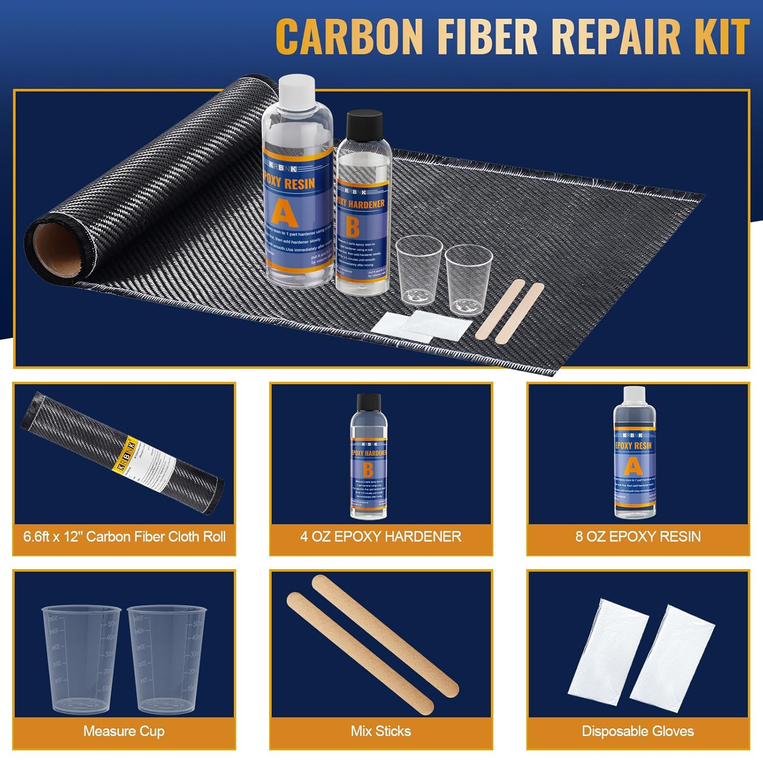 6.6FT 3K/240g Carbon Fiber Repair Kit, 12" Carbon Fabric Fiber Cloth Roll, 8OZ Epoxy Resin 4OZ Hardener, DIY Carbon Fiber Fabric Sheet Fibra de Carbono para Carro