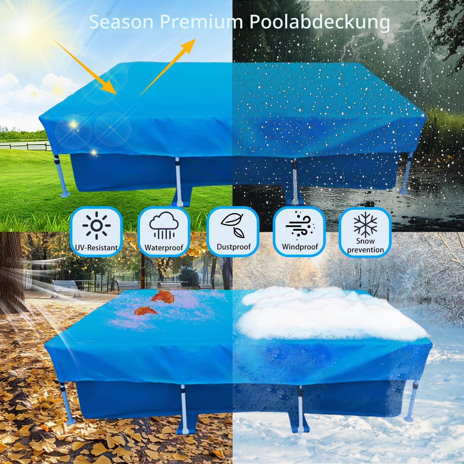 Rechteckige Poolabdeckung 220 x 150 cm für Oberirdische Pools aus 5-Schicht Reißbeständig PE Wasserdicht Sommer & Winter Pool Cover Easy Set für Rechteckiger Rahmen Pool