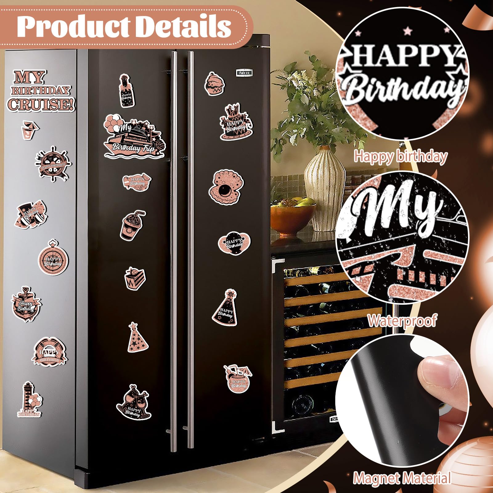 My Birthday Cruise Door Magnets Decorations, Rose Gold Black Happy Birthday Cruise Ship Door Decor Magnetic for Women Girls Birthday Carnival Party Supplies Door Refrigerator Fridge Car Kitchen
