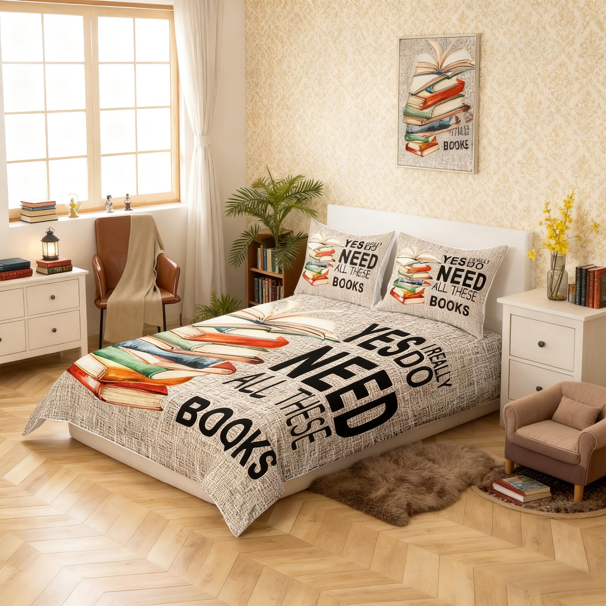 feelingyou Books Pattern Bedding Set,Book Lover Comforter Cover Set for Teens Women Room Decor,Book Duvet Cover Breathable Watercolor Bedspread Cover Double Size