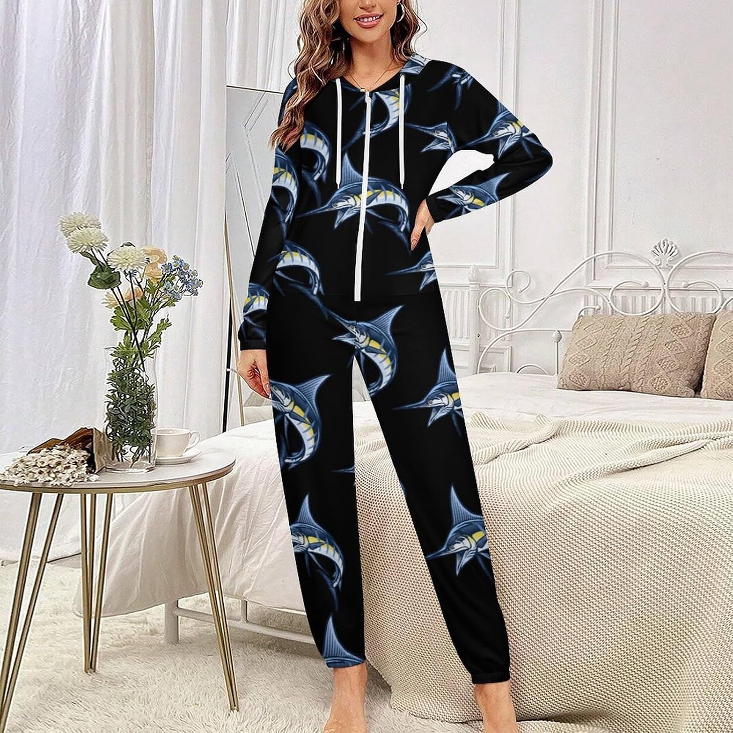 Marlin Fish Adult Pajamas Onesie with Hood Pocket Jumpsuits One Piece Sleepwear