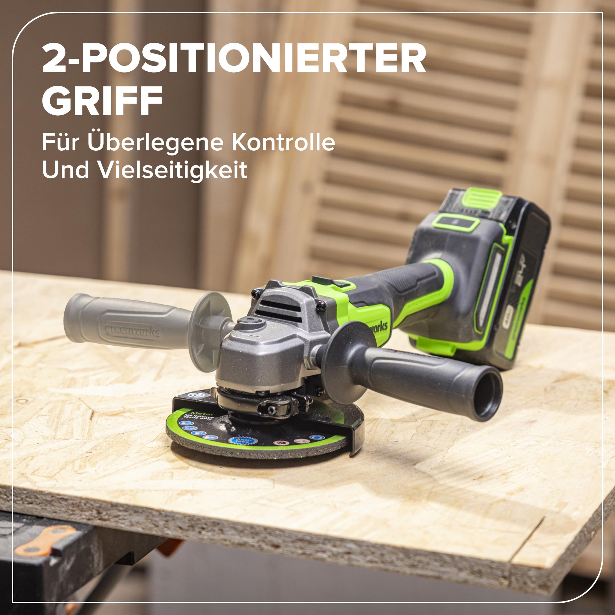 Greenworks Akumulatorowa szlifierka kątowa 24 V 125 mm ostrze tarczowe, 8500 obr./min, 700 W, silnik bezszczotkowy, leworęczny lub praworęczny bez baterii i ładowarki AG370