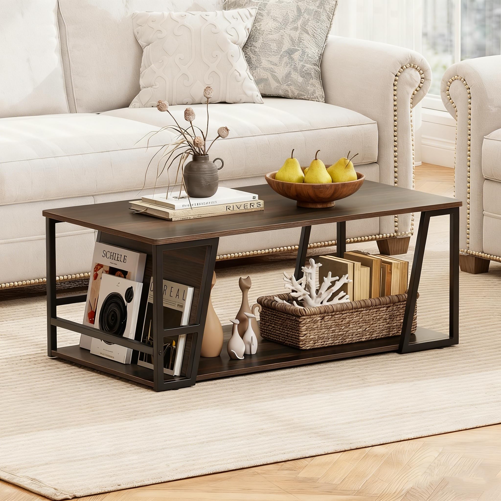 Giantex Modern Coffee Table with Storage 2-Tier Rustic Wood Center Table with Shelf Compartment Metal Frame Rectangular Geometric