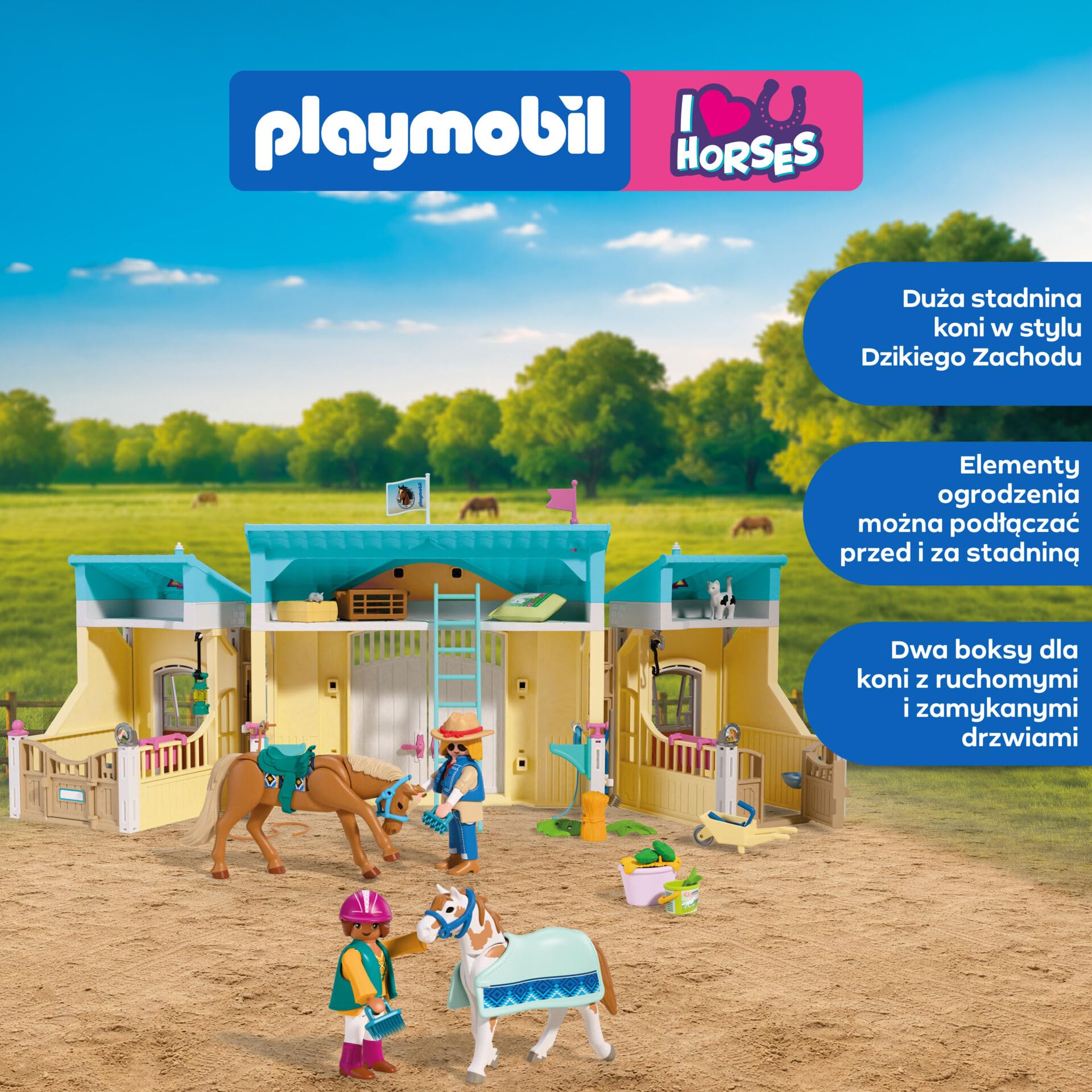 PLAYMOBIL | I Love Horses | Duże Centrum Jeździeckie | Ranczo Western z zadaszonym torem, pudełkami, strefą mycia, ogrodzenia i przestronnym wyposażeniem | dla dzieci od 4 lat | 72127