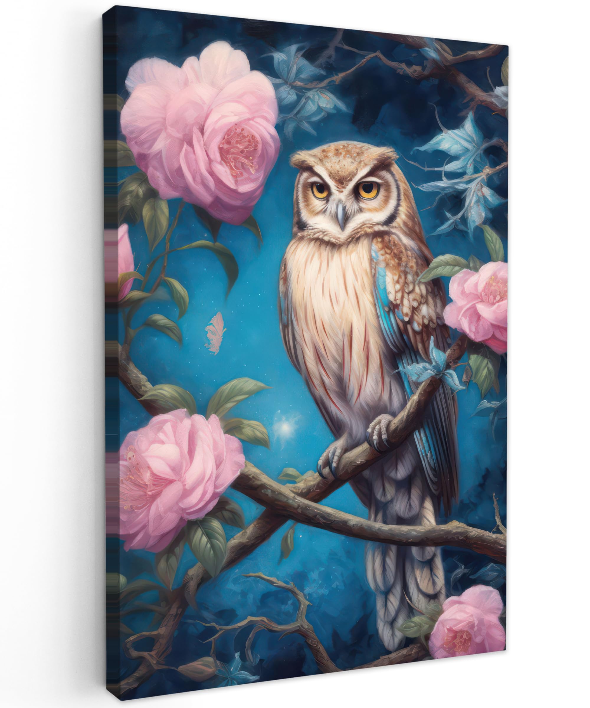 MuchoWow© Canvas Wall Art Work 16"x24" / 40x60 cm House Decoration for Living Room Home Decor Pictures Walls Owl - Roses - Blue - Flowers — image 1
