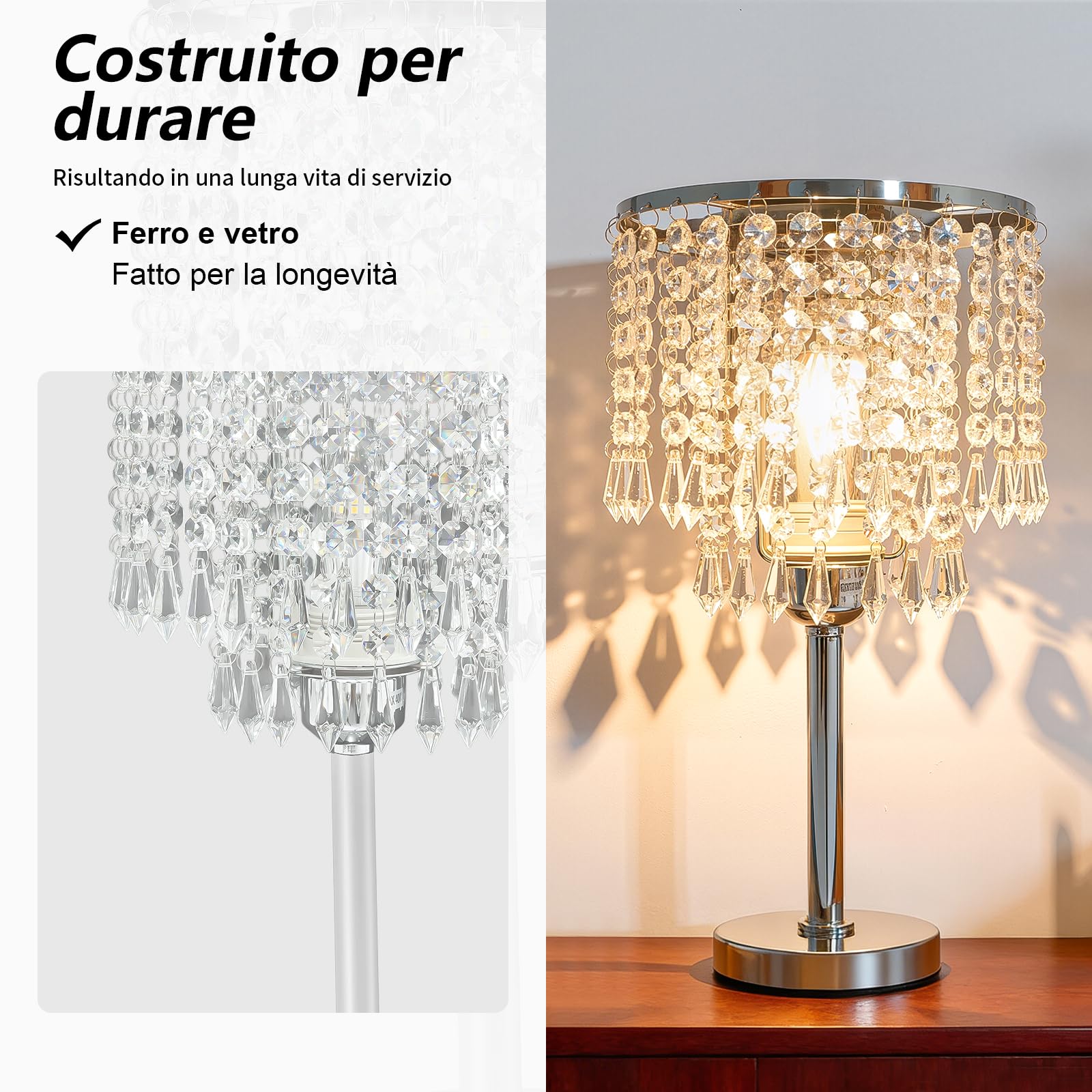 Lampada da comodino in cristallo - Lampada da tavolo in cristallo - Paralume con lampada da comodino rotonda E27 - Per camera da letto, soggiorno, cameretta da bambina - Bianco