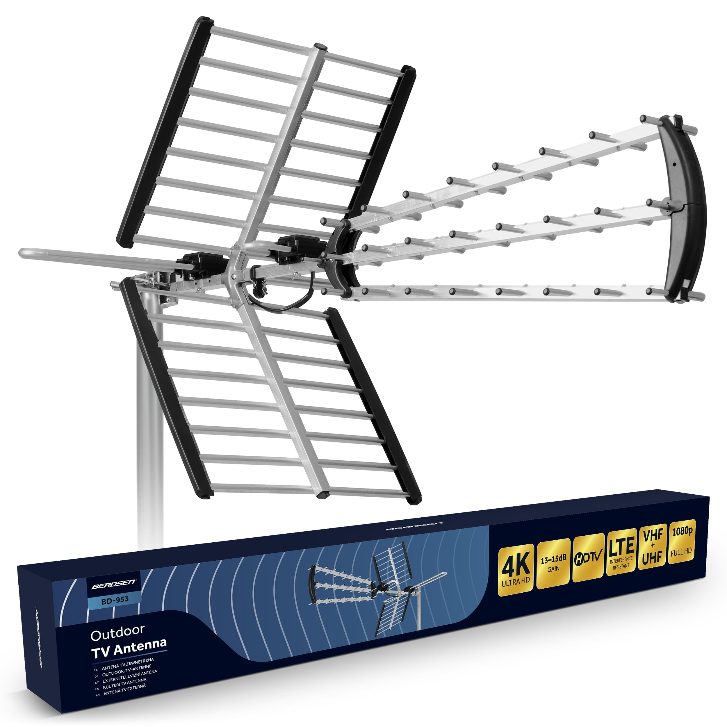 Berdsen Antenne DVBT2 avec Amplificateur Interne 13-15 DB - Portée jusqu'à 80 km - Antenne Extérieur Extérieur - Filtre LTE - Full HD Ultra HD 4K