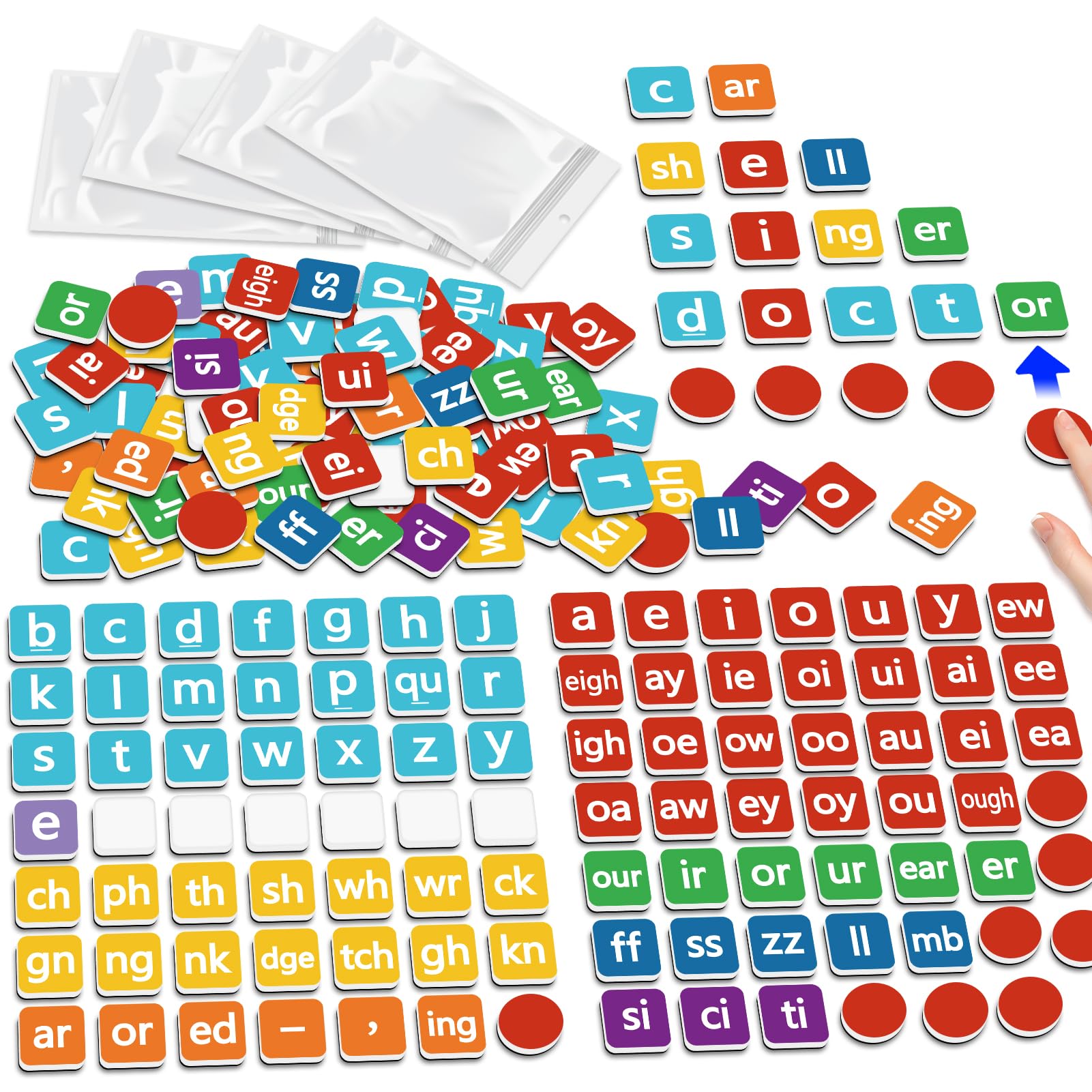 Letras magnéticas fonéticas, juegos de lectura de ortografía, conciencia fonémica manipulativa, construcción de oraciones, alfabeto, ABC, imanes de nevera, terapia del habla, educación en casa