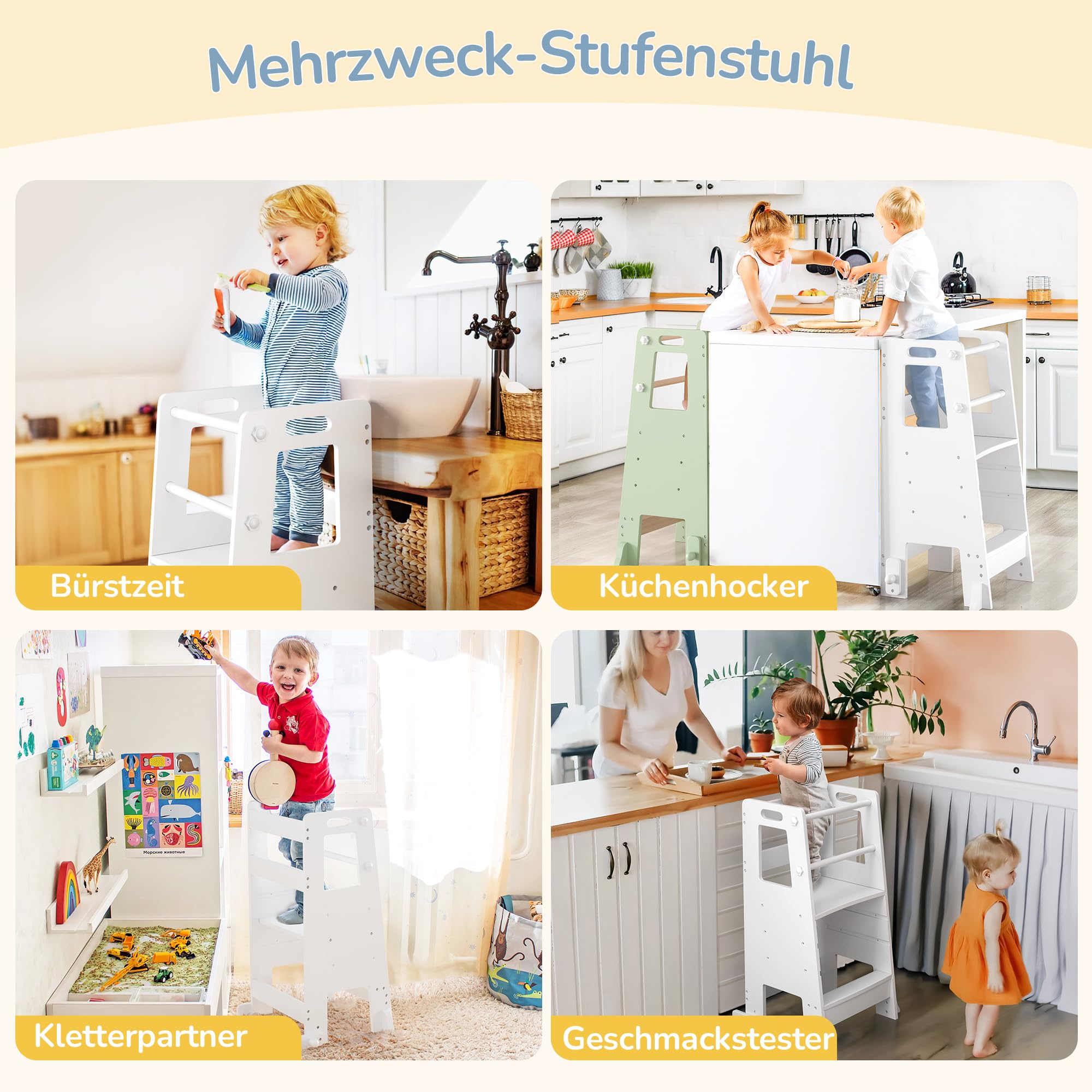 LUE BONA Lernturm für ab 1 Jahr,Kinderküchen Tritthocker mit Sicherheitsschienen,höhenverstellbarer Lernturm mit Sicherheitsschiene für Bad,Kinderzimmer, Küchentisch,Schlafzimmer,Weiß