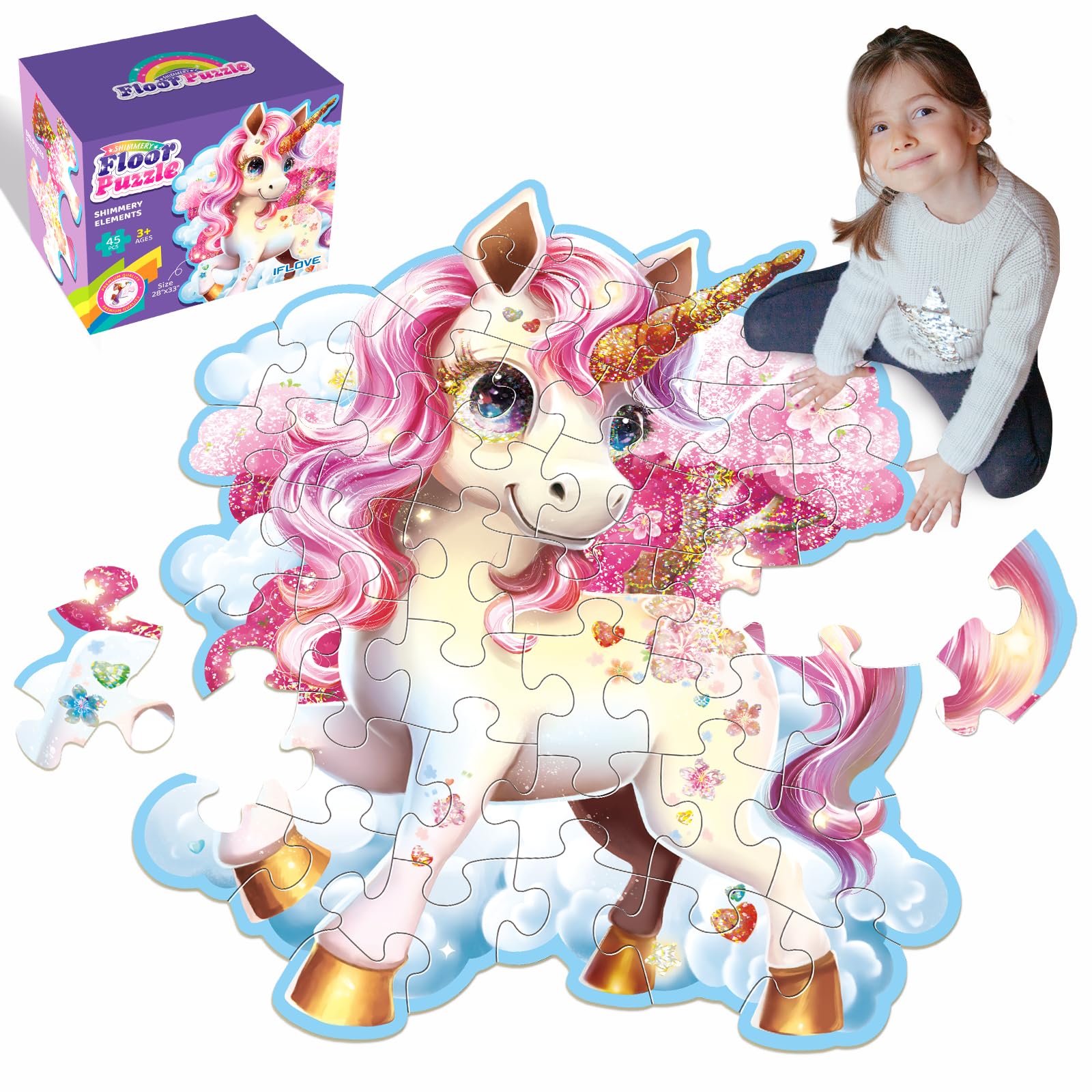 Jumbo Shimmery Floor Puzzle for Kids,Unicorn Jigsaw Large Puzzles,45 Piece Unicorn Puzzle for Toddler Ages 3-5,Children Learning Preschool Educational Toys,Birthday Gift for 4-8 Years Old