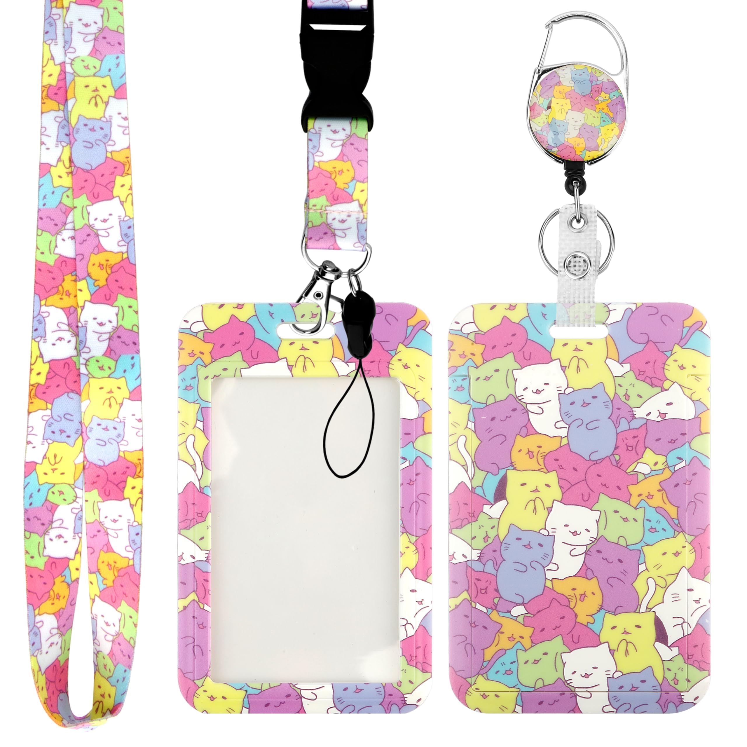 Cute Cartoon Cat Lanyard with Badge Holder, Oyster Card Holder with Retractable Lanyard, Vertical Cards Protector for Women Men, Vertical Id Cards Holders for Staff, Teacher Stuff Nurse Essentials