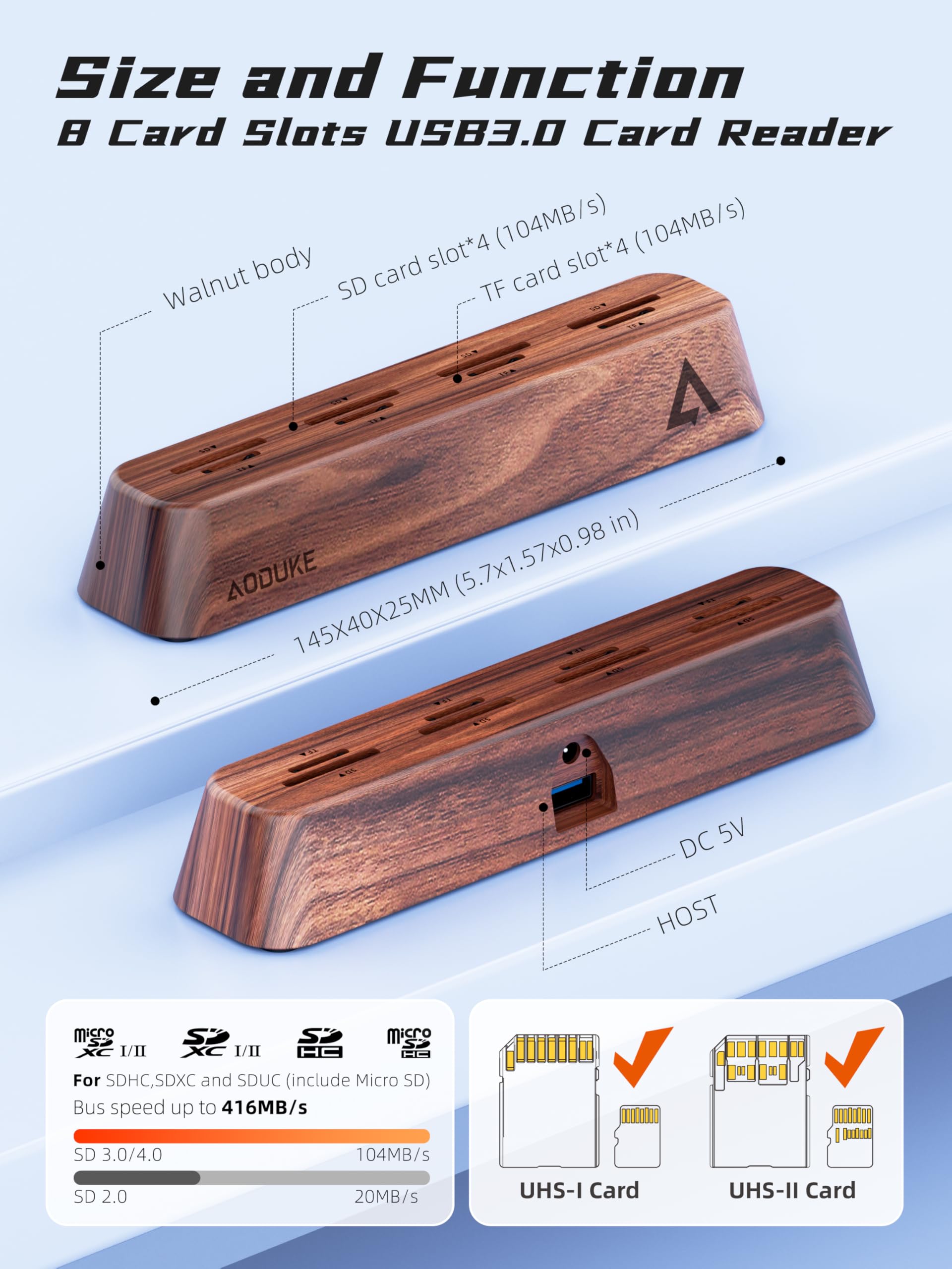 Lettore di schede SD USB 3.0 a 8 porte, design in legno di noce, dati da 5 Gbps, supporto simultaneo per schede Micro SD/TF3.0 e SD3.0, lettura e scrittura (compatibile UHS-I/II Card) AST43M