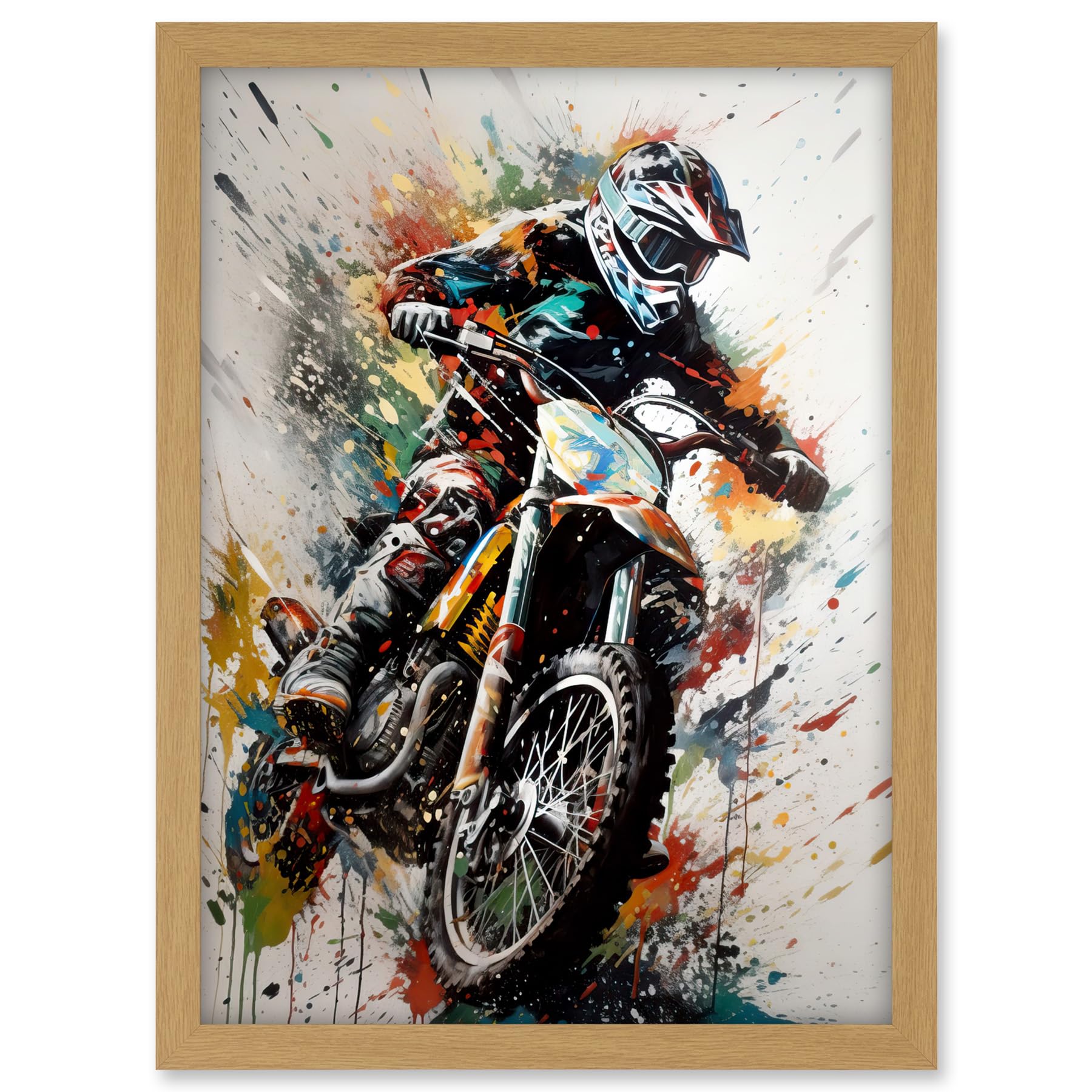 Artery8 Motocross Racer Paint Splat Action Shot Portrait Artwork Framed A3 Wall Art Print