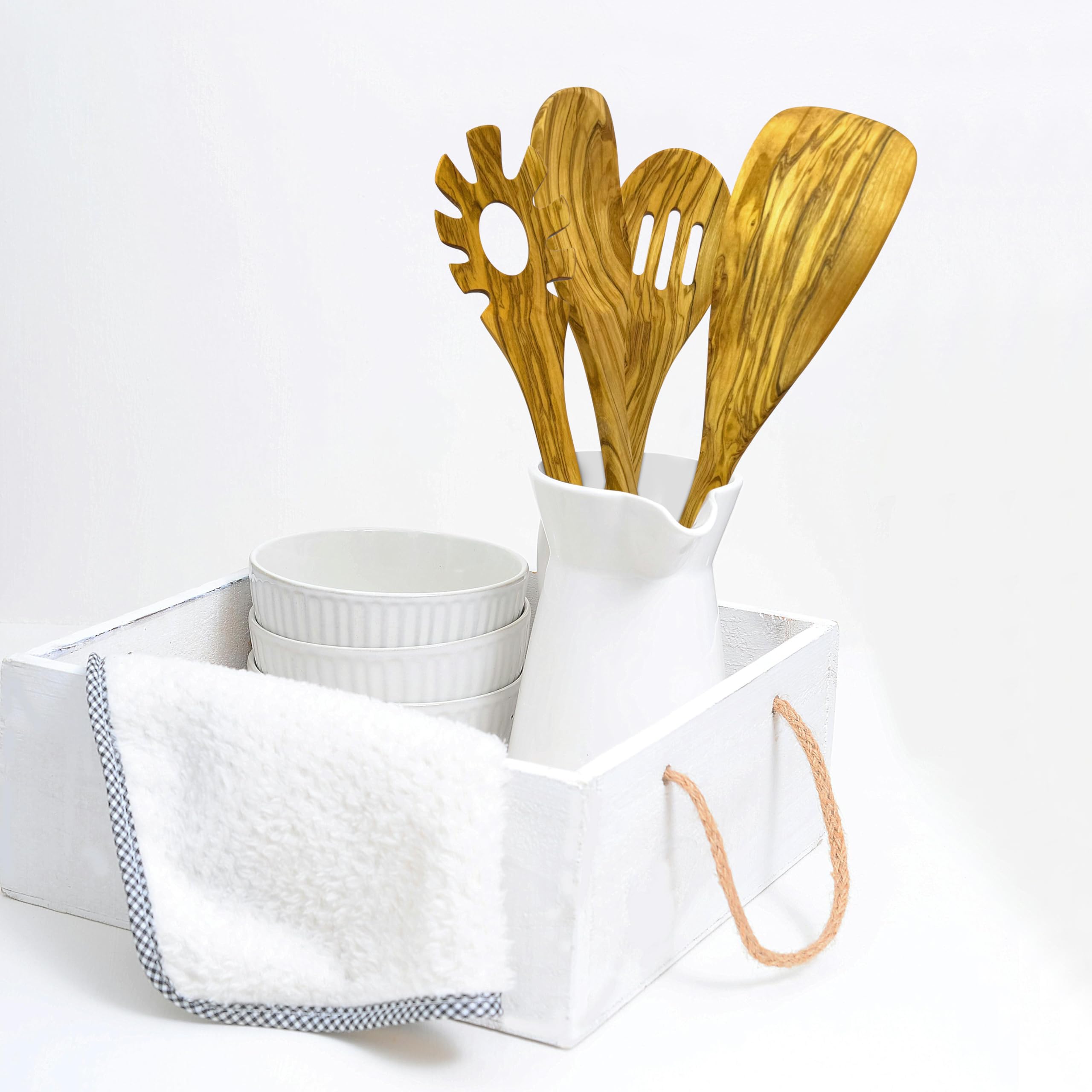 WONDERFUL 4 cucharas de madera de olivo para cocinar, 13.5 pulgadas de largo, juego con espátula, cuchara esquinera, cuchara ranurada, servidor de espaguetis y pasta con medidor