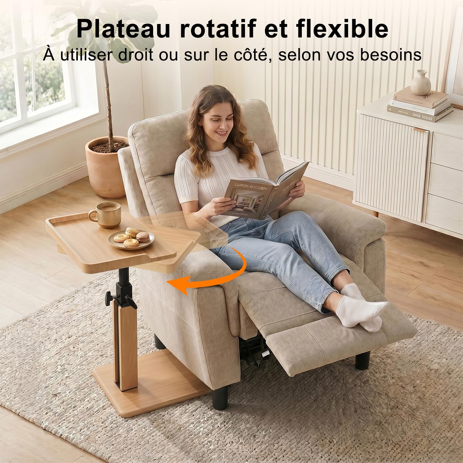 Table d'Appoint en Forme de C Réglable 45-80 cm, Bout de Canapé Chêne Clair avec Plateau à Rebords, Table Canapé Gain de Place pour Salon, Chambre, Lit et Petits Espaces