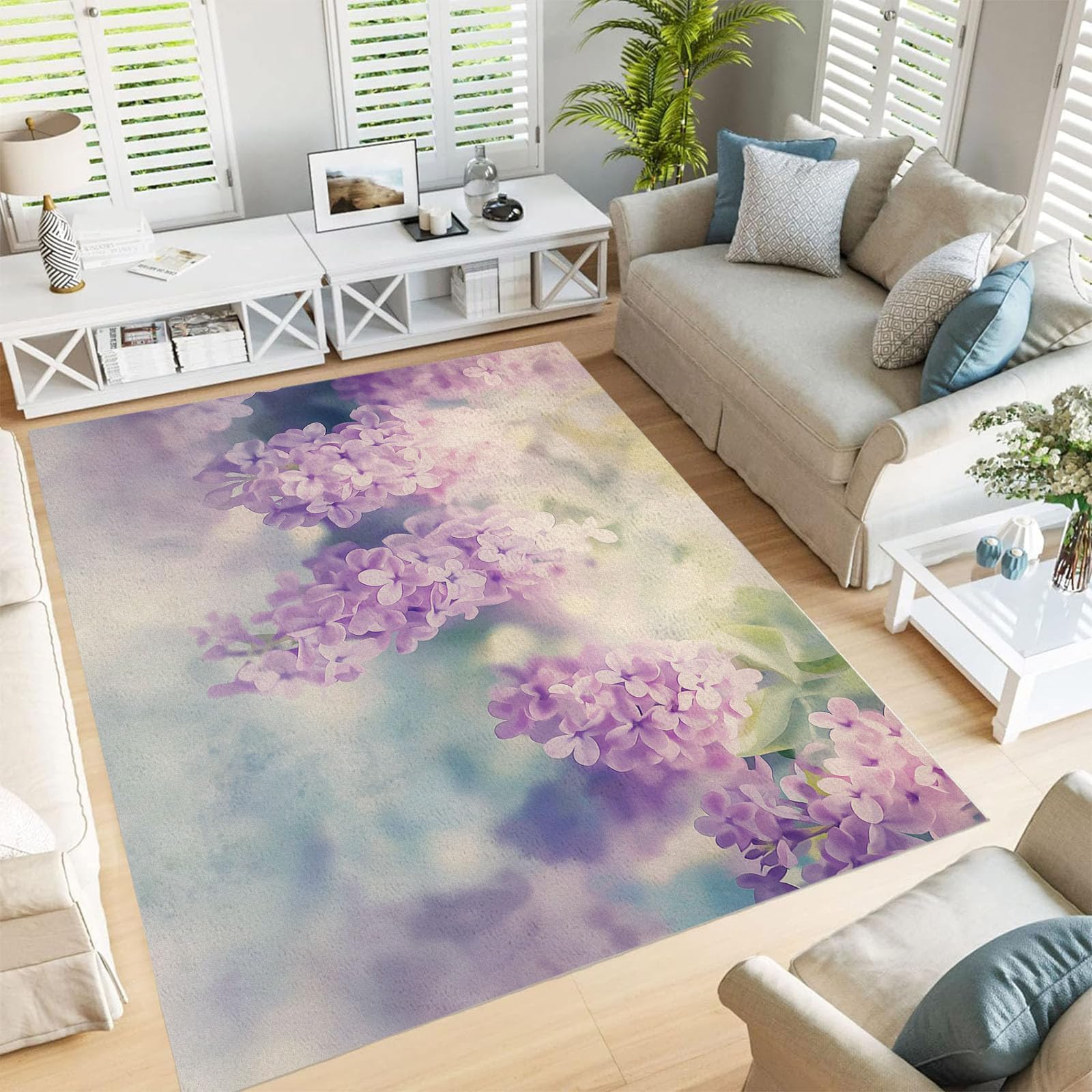 Tapis salon moderne paysage lilas 210x300cm à poil court lavable