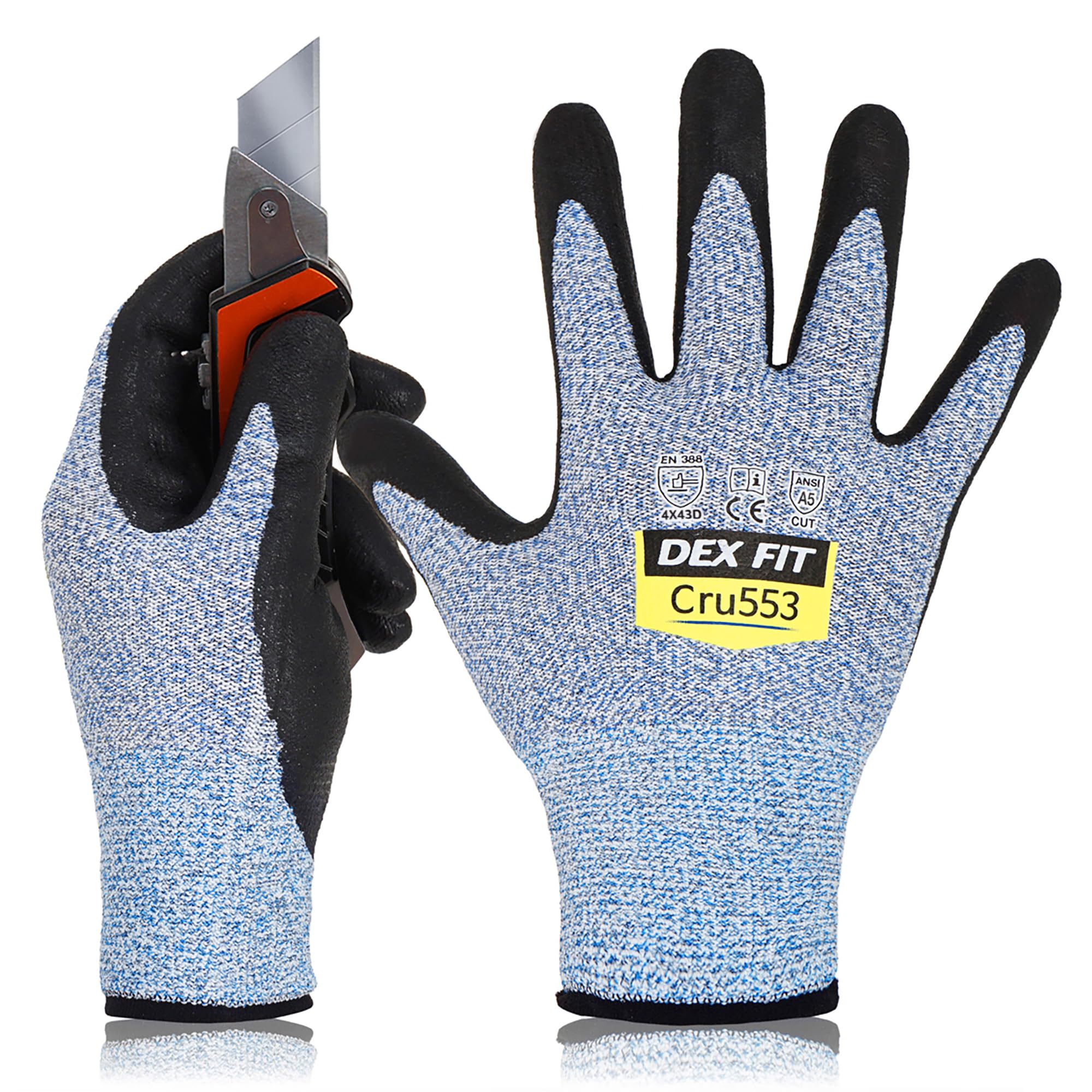 DEX FIT Cru553 Level 5 Cut Resistant Work Gloves, Comfortable Stretch 3D Adaption, Durable Nitrile Grippants, Smart Touch, Thin Light, Washable, Blue 10 (XL) 1 Pair