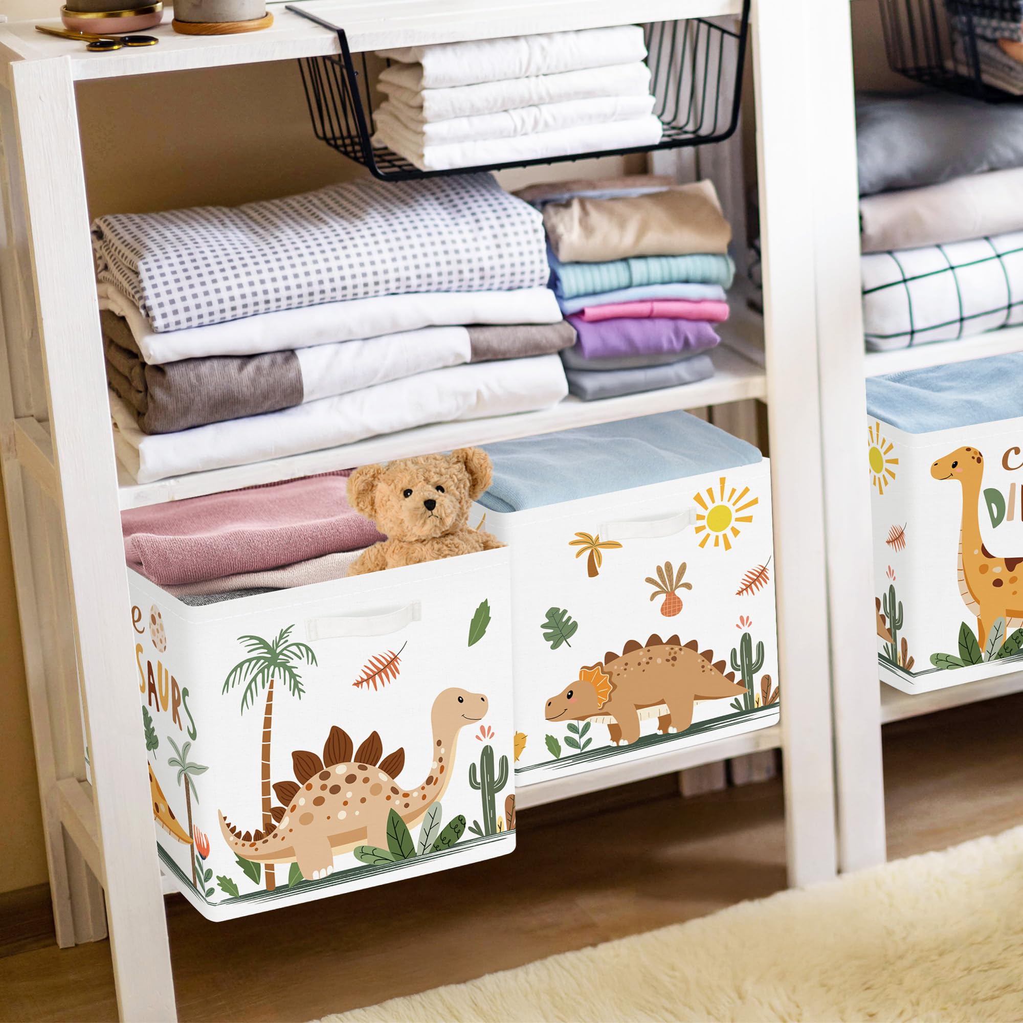 Boîtes de Rangement Lot de 3 Dinosaure Paniers de Rangement Cube Palmiers Œufs Enfant Pliables Coffre à Jouets Garçons Filles pour Étagères Livres, Cactus