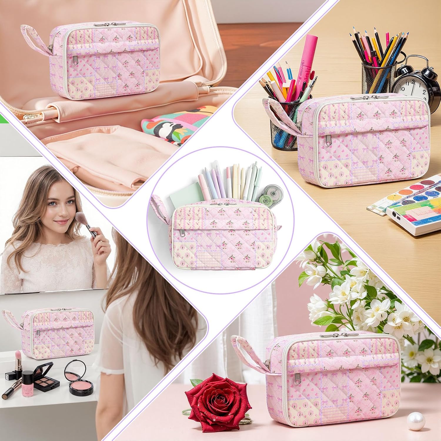 WOBAGMEN Quilted Pencil Pouch for Girls Women, Large Pencil Case Pouch with Compartments Cute Aesthetic Pencil Case Organizer, Floral Pencil Bag for School Supplies (pink pin)