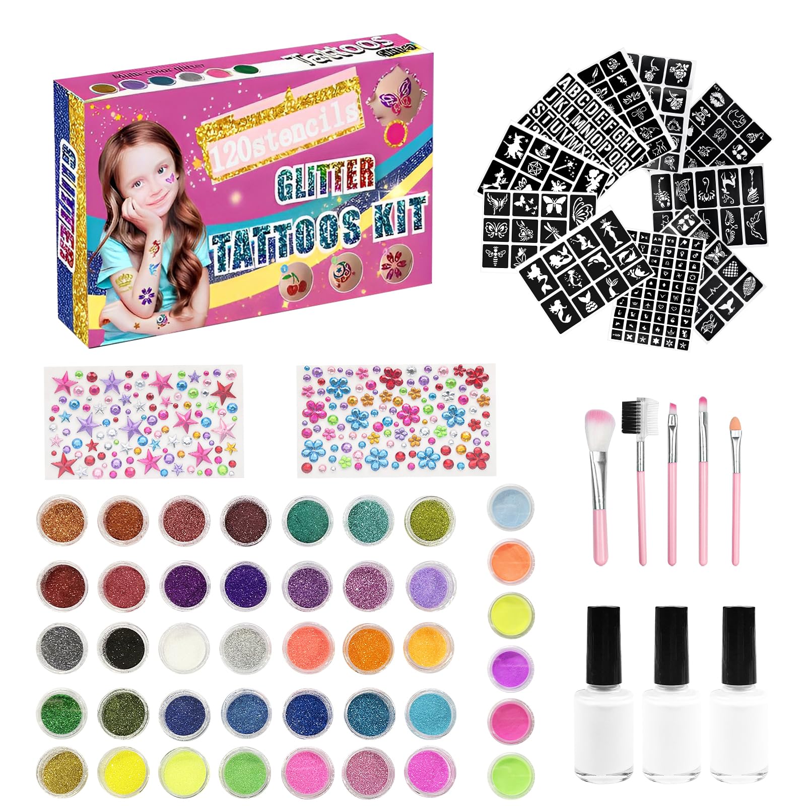 Magrimaxio Kit 41 Colores Tatuajes Temporales Purpurina con 206 Plantillas Únicas para Fiesta de Niños y Adultos