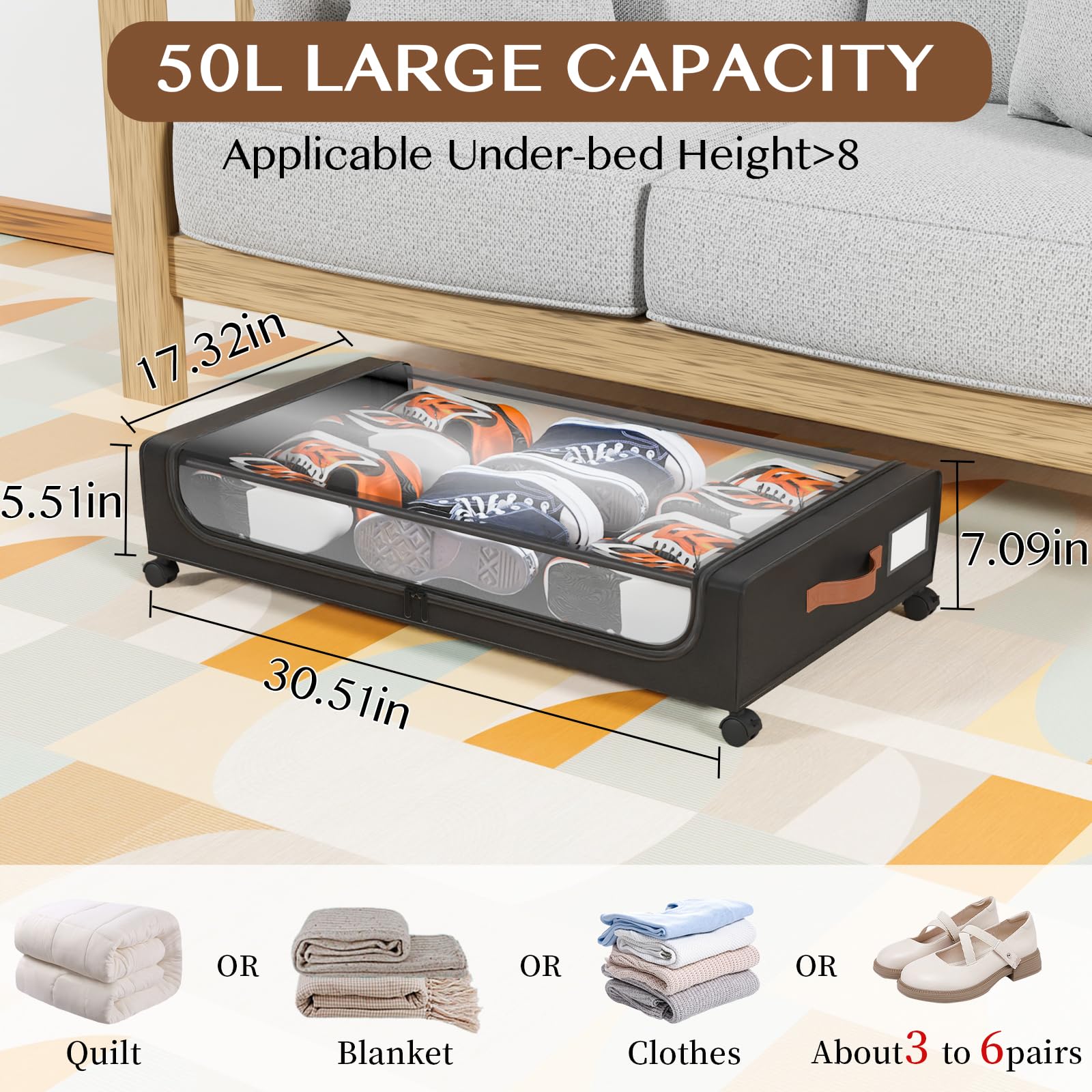 Futego Under Bed Storage with Wheels, 50L UnderBed Storage Containers with Clear Lid and Handles, Under the Bed Storage Bins Drawers for Clothes,Blankets,Shoes,Books