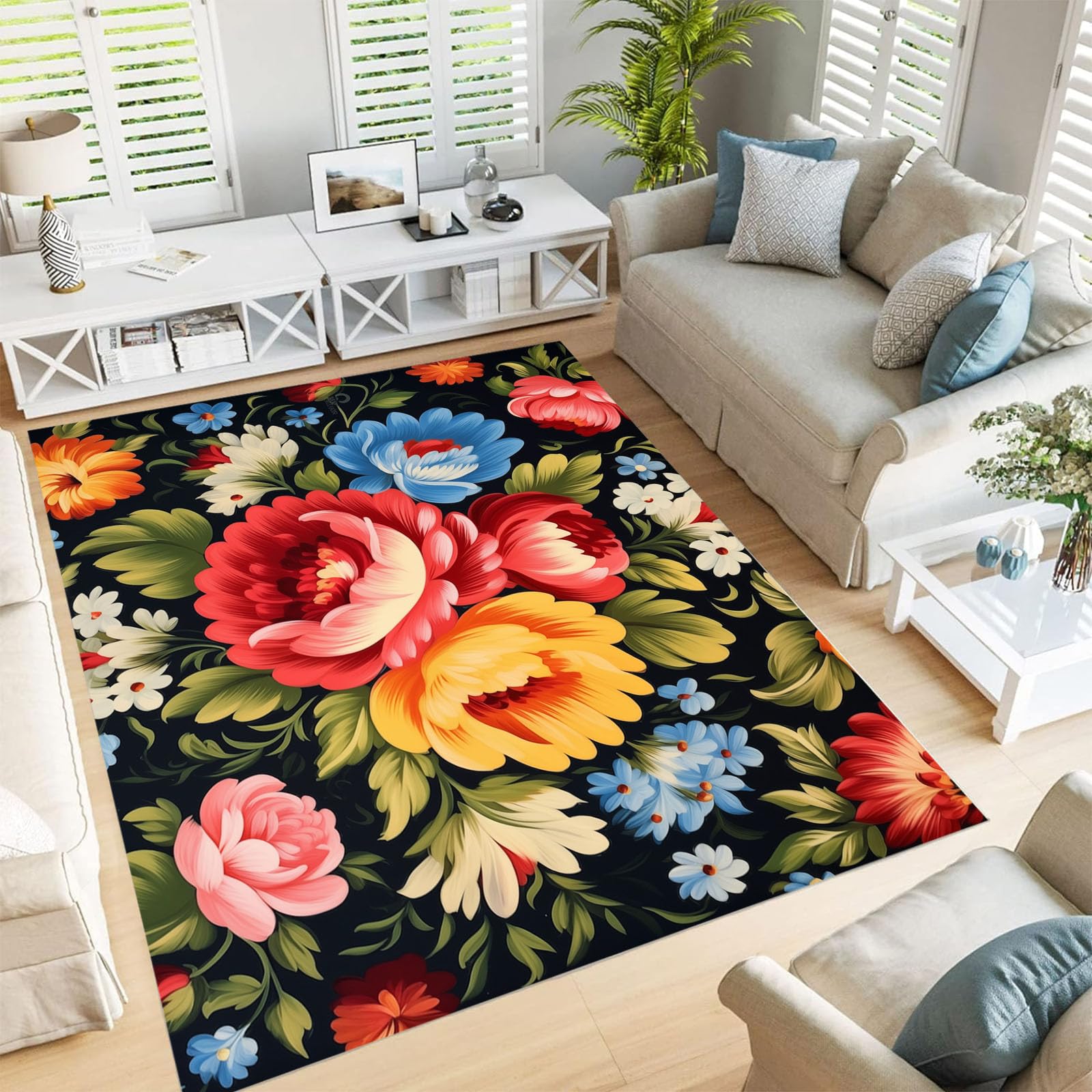 Tapis résistant aux taches lavable pivoine vert armée