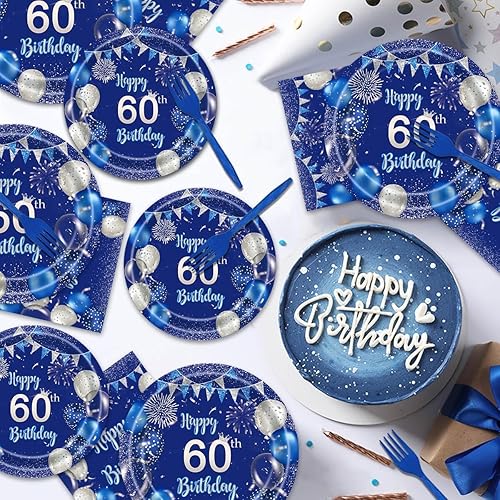 Miniatura 6 de Juego de 96 platos azules para fiesta de cumpleaños 60, servilletas, suministros de feliz cumpleaños, color azul marino y plateado, desechables,