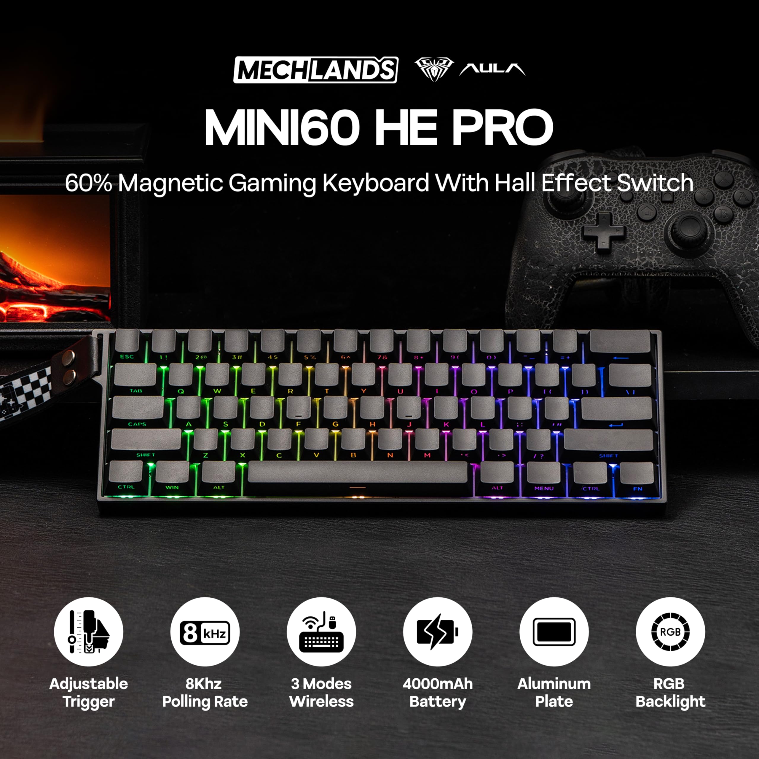 MechLands Aula Mini60 HE PRO - Tastiera senza fili con effetto hall, 4000 mAh, SOCD & DKS, tastiera magnetica da gioco, azionamento regolabile, query 8K, RGB, attenuazione del rumore (nero)