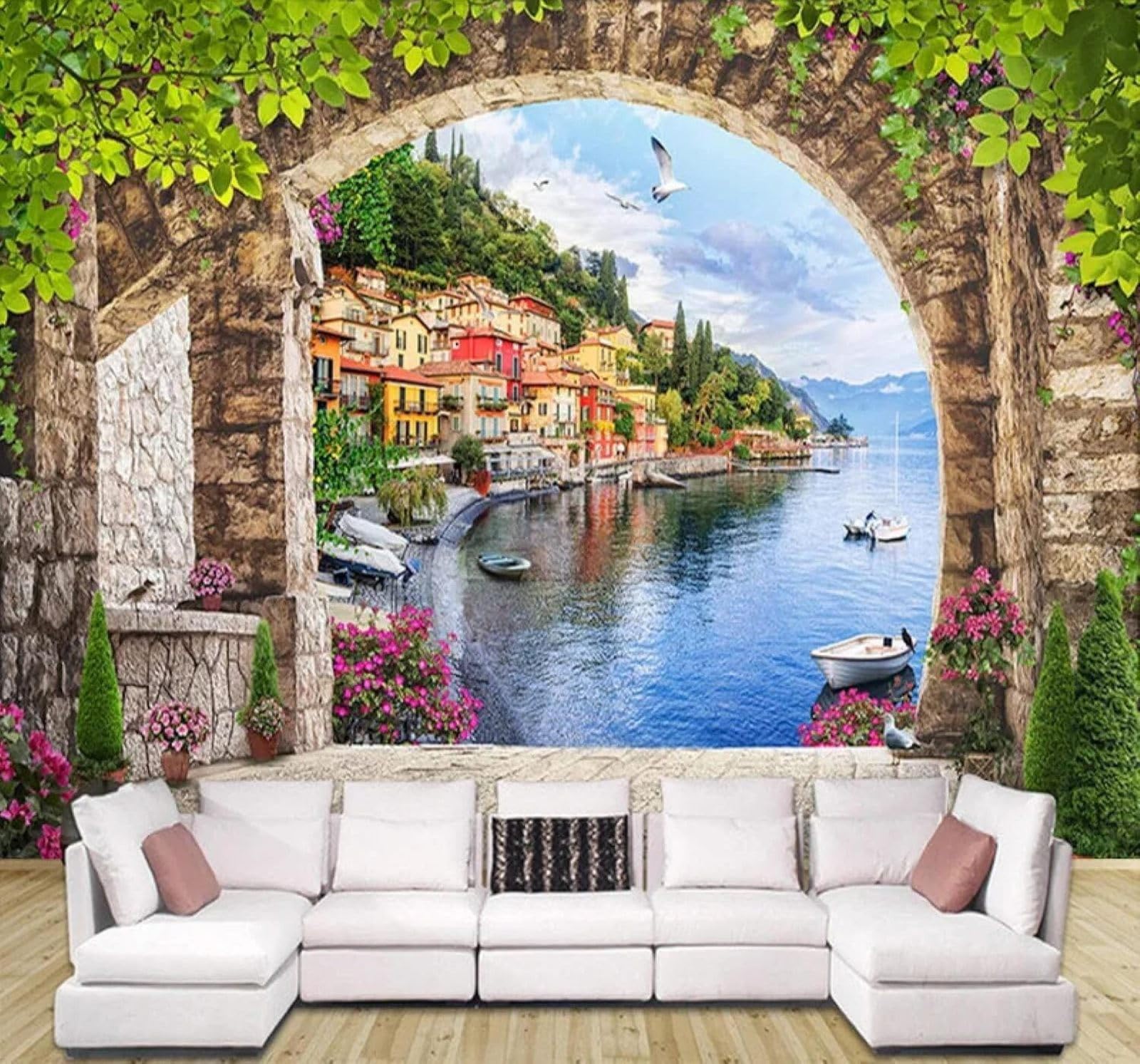 Tzxztt Creative Archway Seaside City Architecture Landscape Modern 3D Wallpaper Premium Textured Silk Neutral Tones Material Ideal for Living Room Bedroom-150cm×105cm
