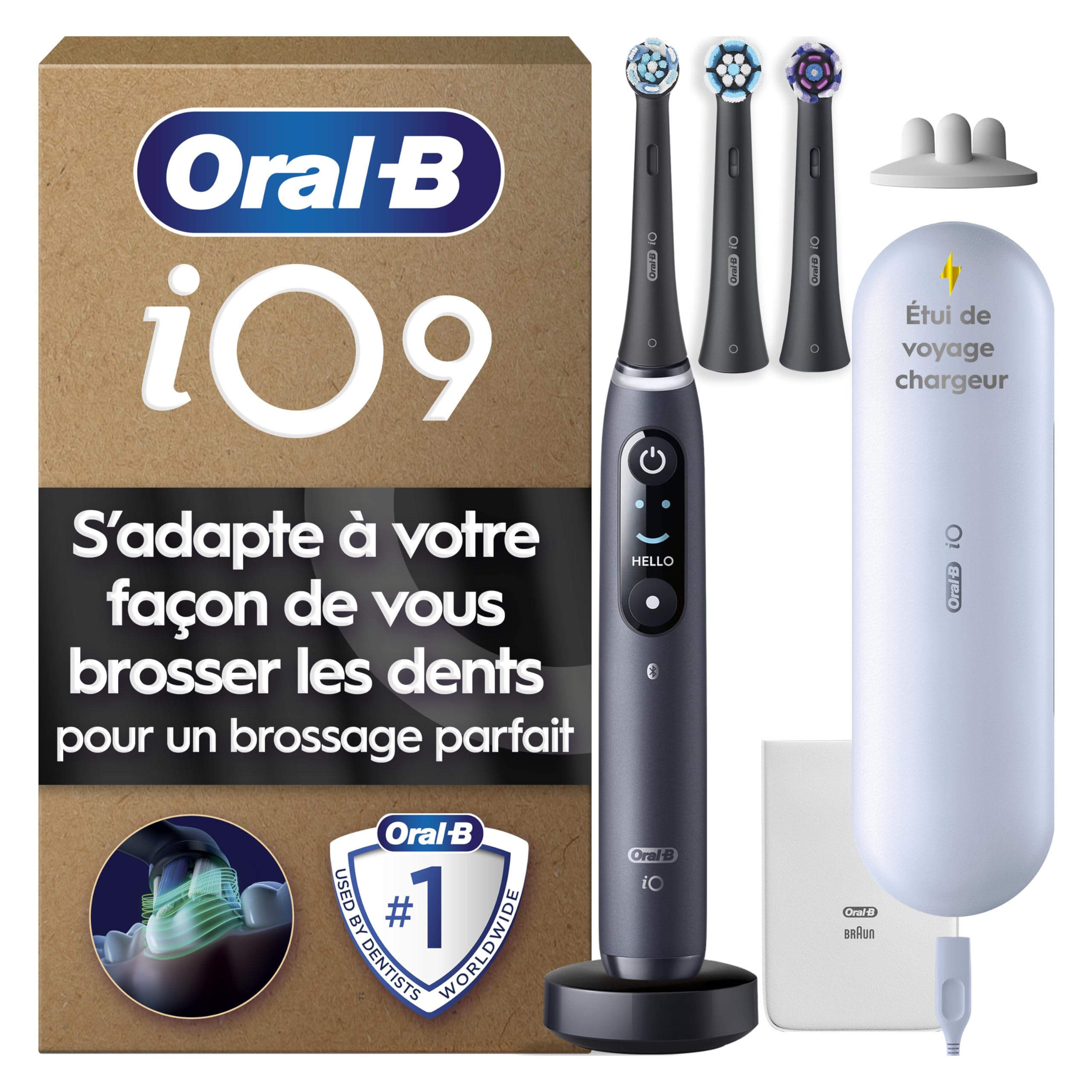 Oral-B Brosse à Dents Electrique iO 9, 3 Brossettes de Rechange, Noire – 7 Modes de Brossage dont Blancheur et Soin Gencives, Charge Rapide de la Batterie, Capteur de Pression, Détection IA, Etui