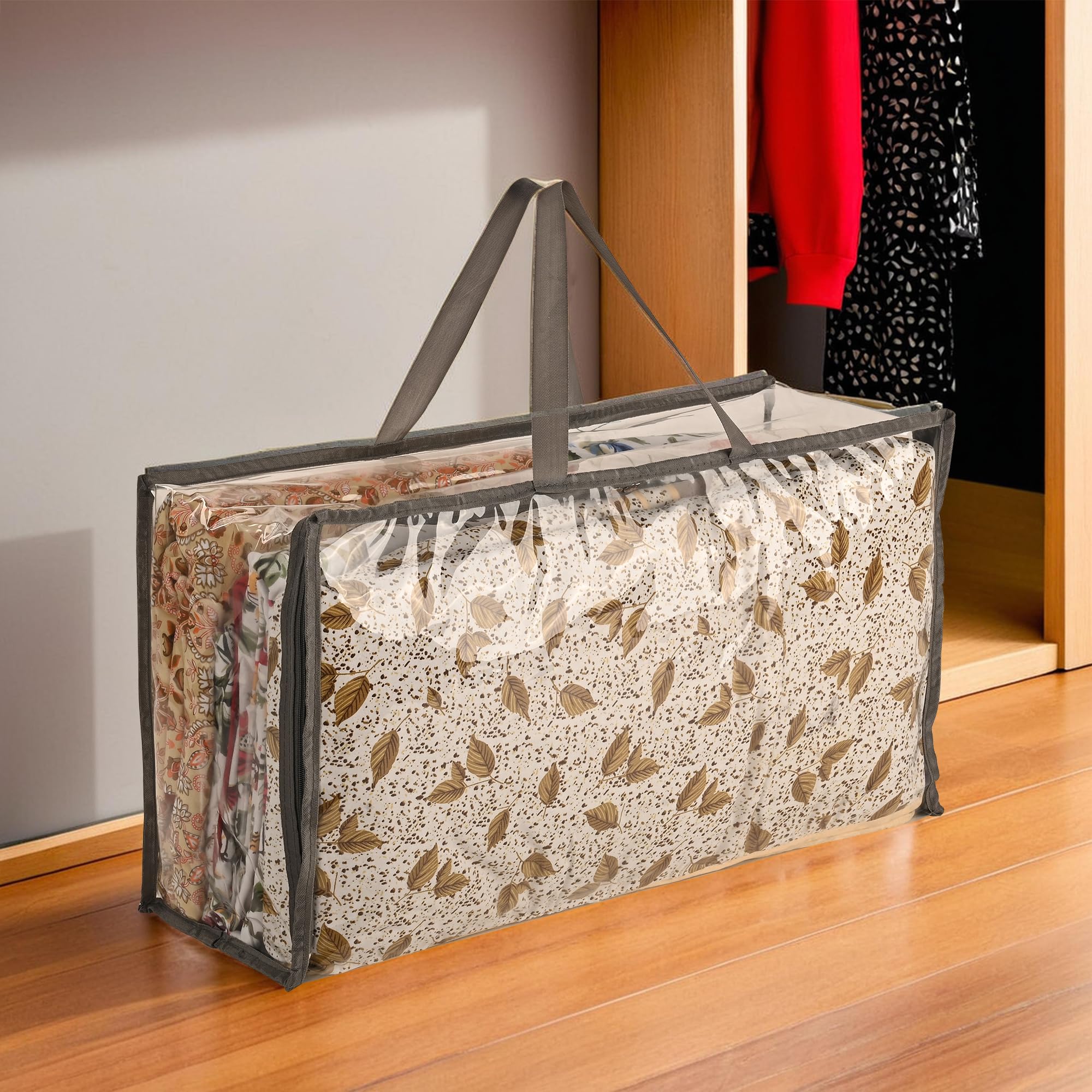 Kuber Industries Wasserdichte Aufbewahrungsbeutel für Kleidung, Kleiderschrank-Organizer, transparente Reise-Organizer-Tasche mit Griff, groß, Grau, 4 Stück