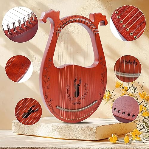Miniatura 3 de Arpa de lira Mulucky, 16 cuerdas de metal, cuerpo de caoba, sillín de cobre, arpa de lira mini con llave de afinación y bolsa para principiantes