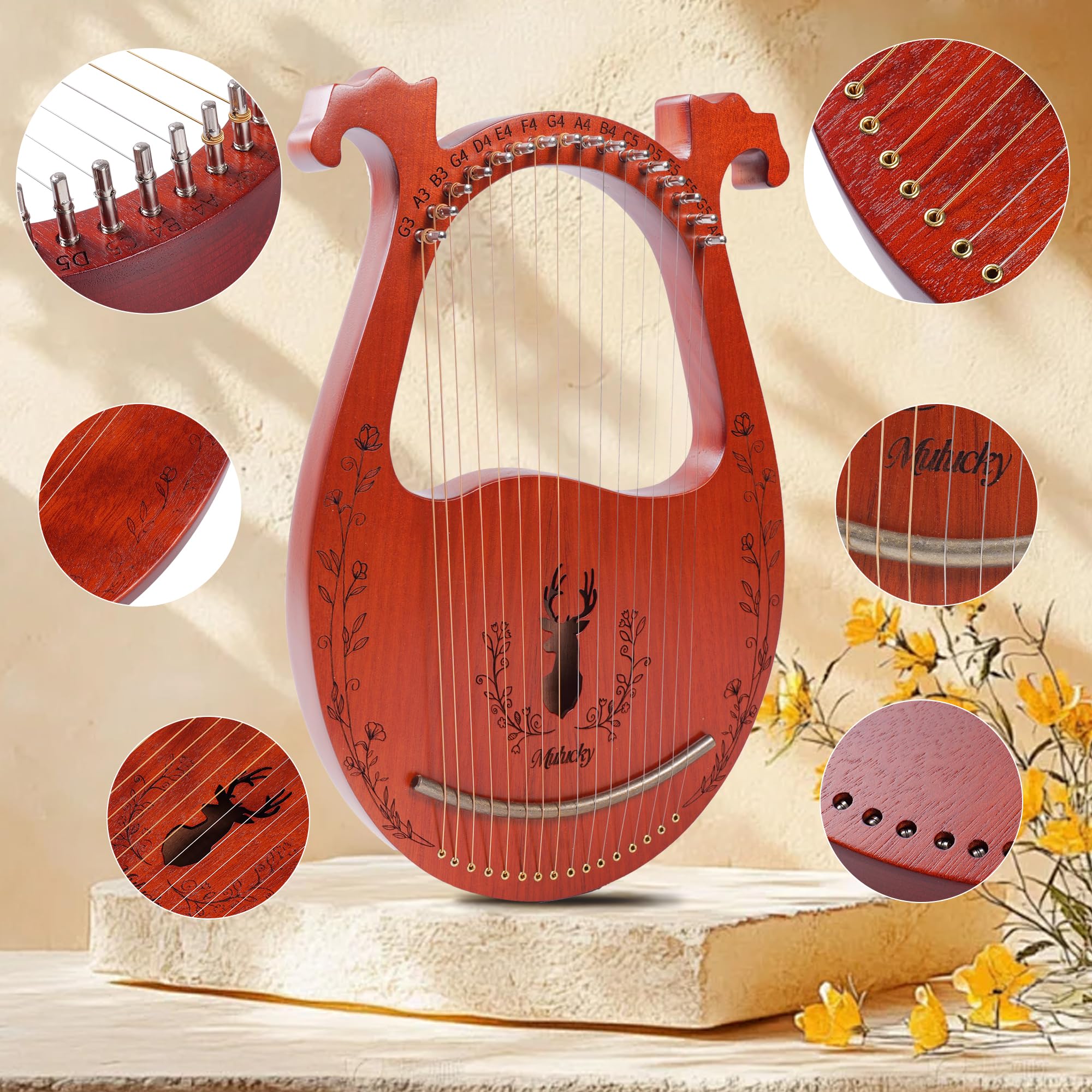 Mulucky Arpa a 16 corde in metallo, corpo in mogano, sella in rame, mini strumento musicale con chiave per accordatura e borsa per principianti