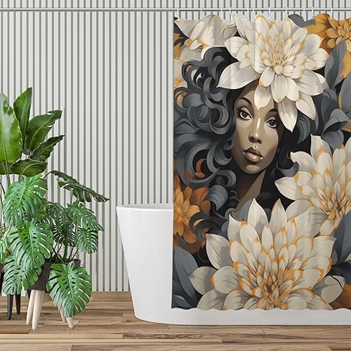 Miniatura 3 de ANINDA Cortina de ducha con diseño de niña negra con flores, estilo realismo estilizado, juego de cortina de ducha de tela con 12 ganchos,