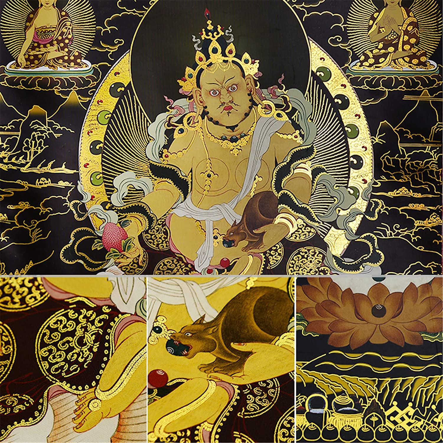 Gelber Jambhala, Dzambhala, buddhistischer Thangka-Brokat, schwarzer Typ(Blu,Small(35cm*27cm))