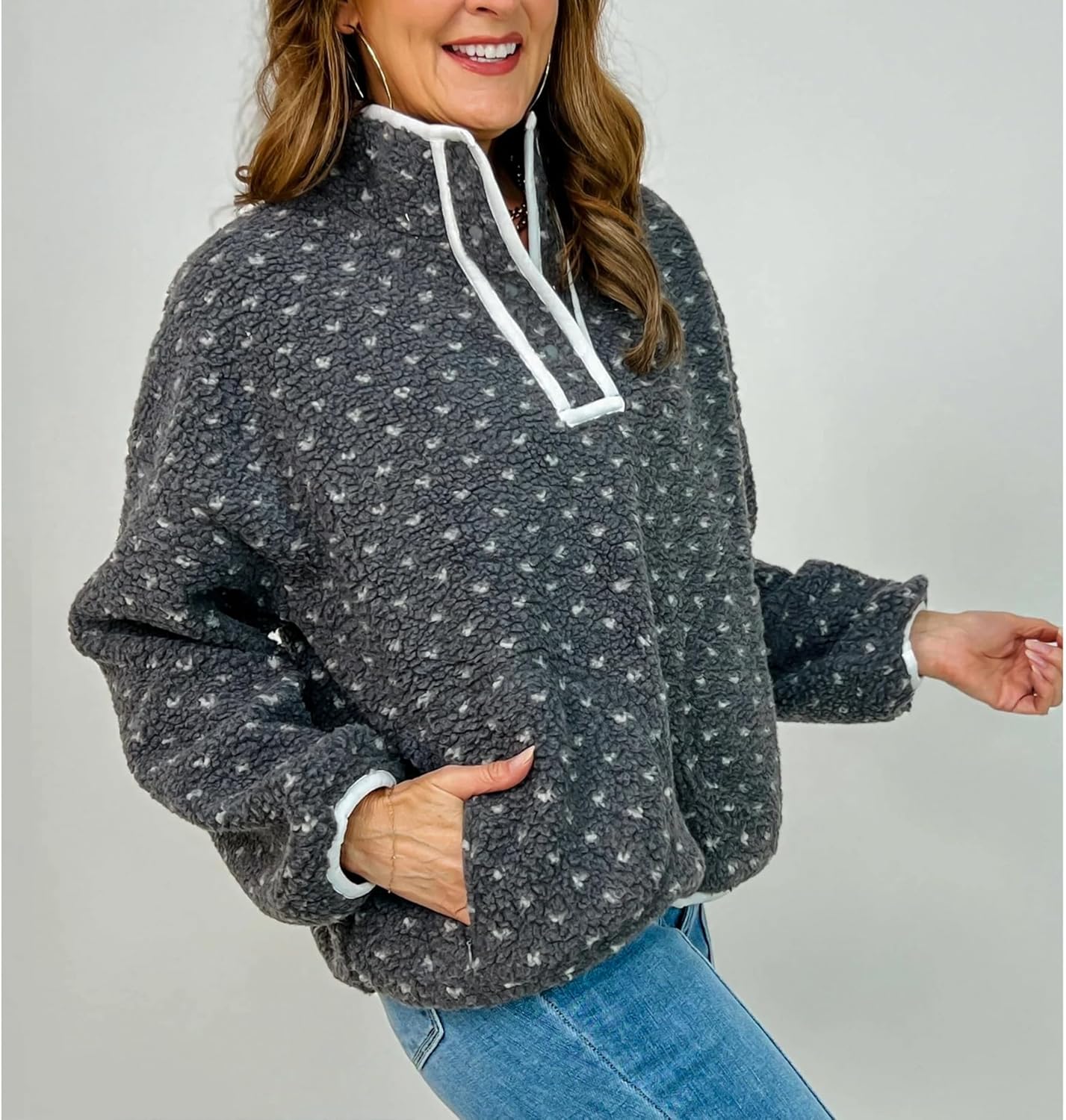 Fuzzy Fleece Jacket Women Long Sleeve Half Button Down Tops Casual Sherpa Pullover Sweatshirts Warm Winter Outerwear(Dark-Grey,L) - Image 6