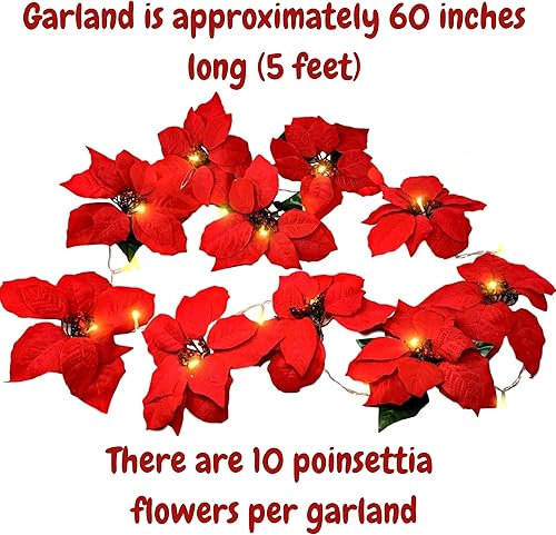 Miniatura 6 de Guirnalda iluminada de flores de Pascua con 10 flores de Pascua rojas y luces LED, 90 pulgadas de largo, decoraciones de Navidad, accesorios