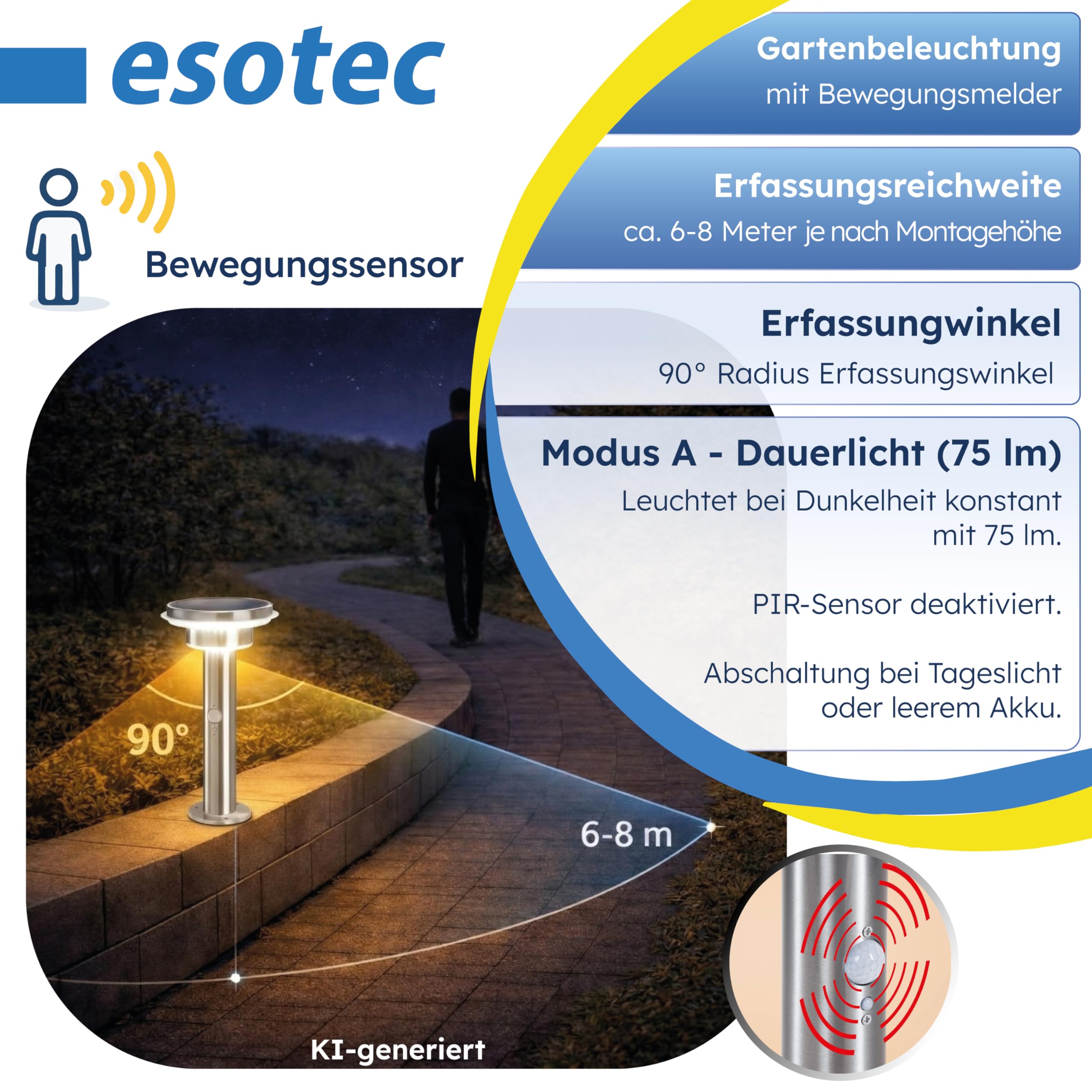 esotec Solarlampen für außen Solarleuchte Tini mit Bewegungsmelder, Gartenbeleuchtung Edelstahl H=45,5cm, 3 Betriebsmodi, 600lm, 102596