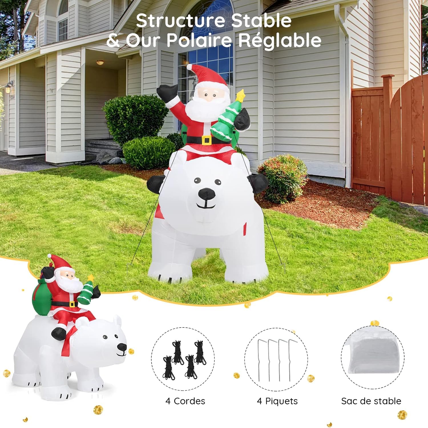 GOPLUS 175CM Papá Noel sobre Oso Polar Inflable con Cabeza Agitada, Decoración Navidad Exterior Iluminada con Luz LED y Accesorios de Montaje, Adornos Navidad Grande para Jardín