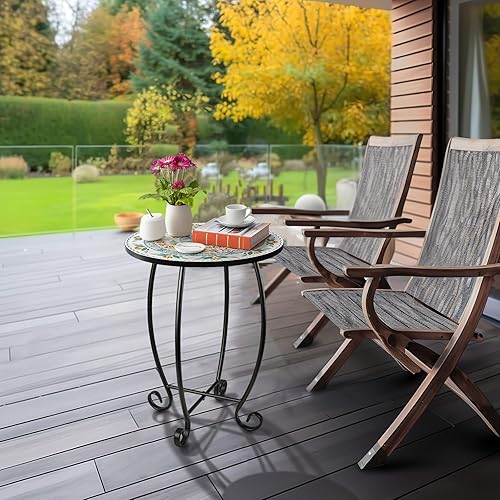 Miniatura 5 de Mesa auxiliar, mesa auxiliar redonda de 14 pulgadas, mesa de azulejos de cerámica de relieve único con marco de metal, mesa de acento de metal con