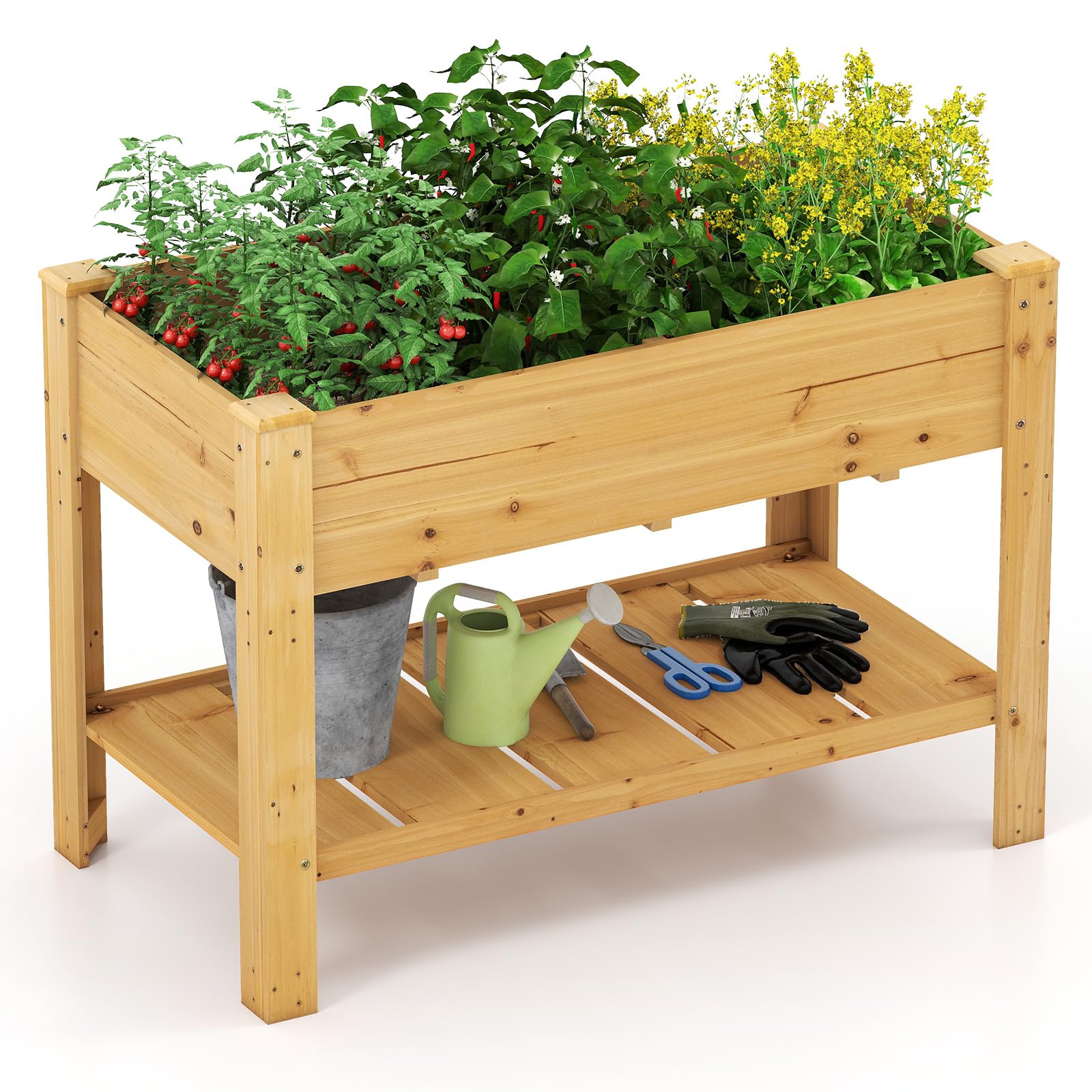 COSTWAY Cama de Jardín Elevada de Madera, Jardinera Elevada con Estante, Drenaje, Contenedor para Flores, Hierbas, Vegetales, Caja de Plantar para Interiores y Exteriores, 120x60x80 cm (Natural)