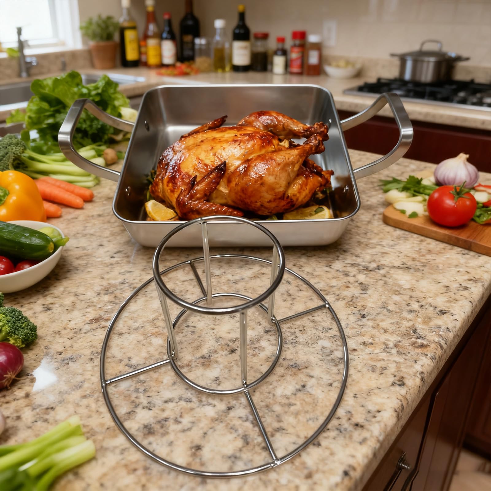 Soporte para pollos de acero inoxidable, fácil de limpiar, asador de lasaña cada vez en horno o parrilla, sartén para asar pollos