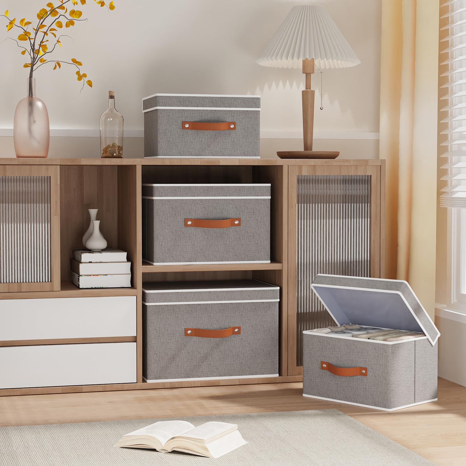 Set de 5 Caja Almacenaje con Tapa, Plegable Cestas Organizadoras con Asas, Cajas Almacenaje Ropa para Libros, Mantas, Sábanas, Gris, 33×23×20cm