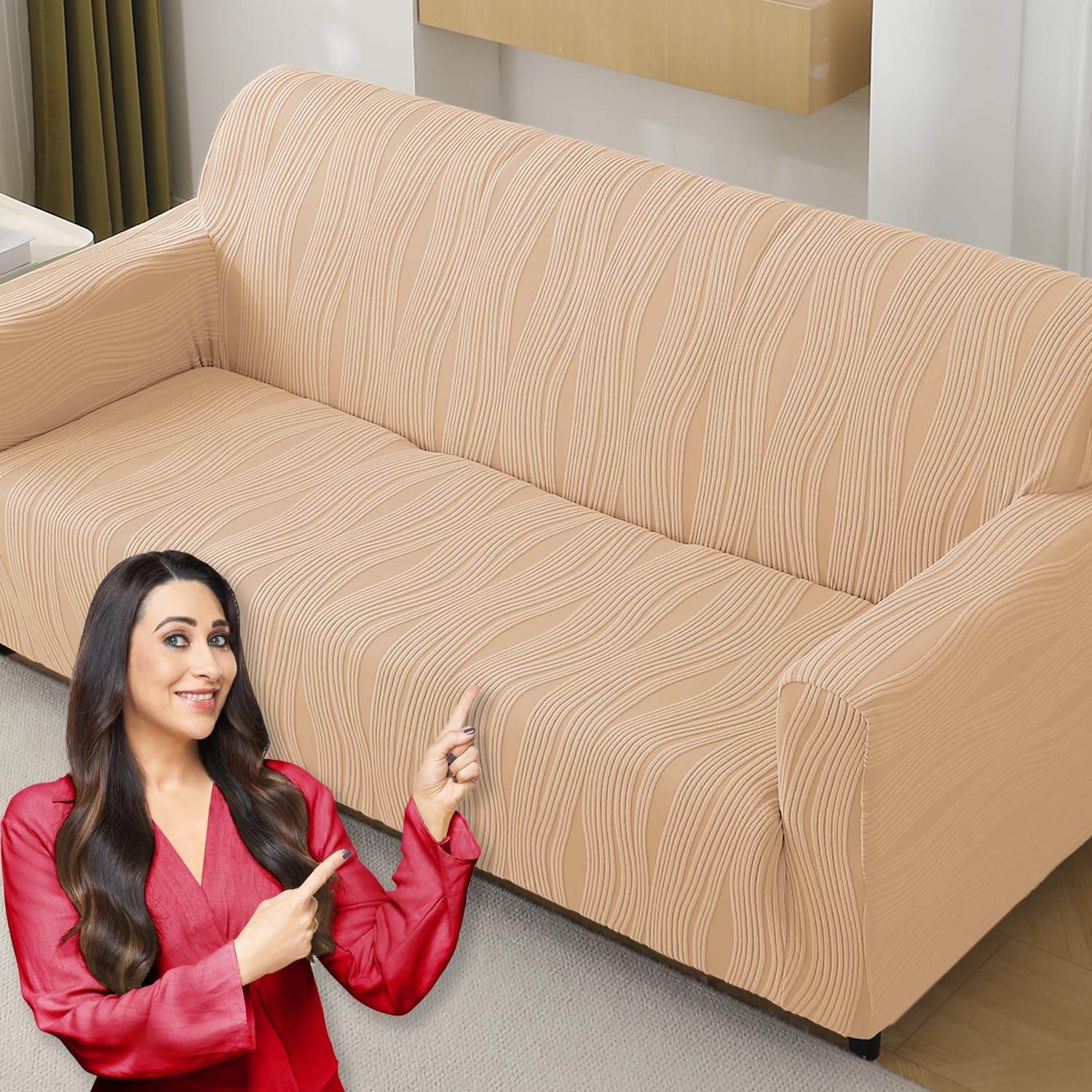 HOKIPO 3 Seater Sofa Cover – 200 GSM Premium Jacquard Stretchable Fully Covered Slipcover,' Nestiva Series' Blush Beige (NEW-AR-5309-BGE)