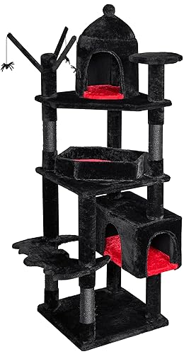 BEWISHOME Heavy Duty Gothic Cat Tree, 63 in Large Cat Trees Halloween Gothic Cat Tower with Coffin Bed, Cat Houses with Scratching Posts for Kittens, Tall Cat Trees Medieval Castle Style, Black & Red