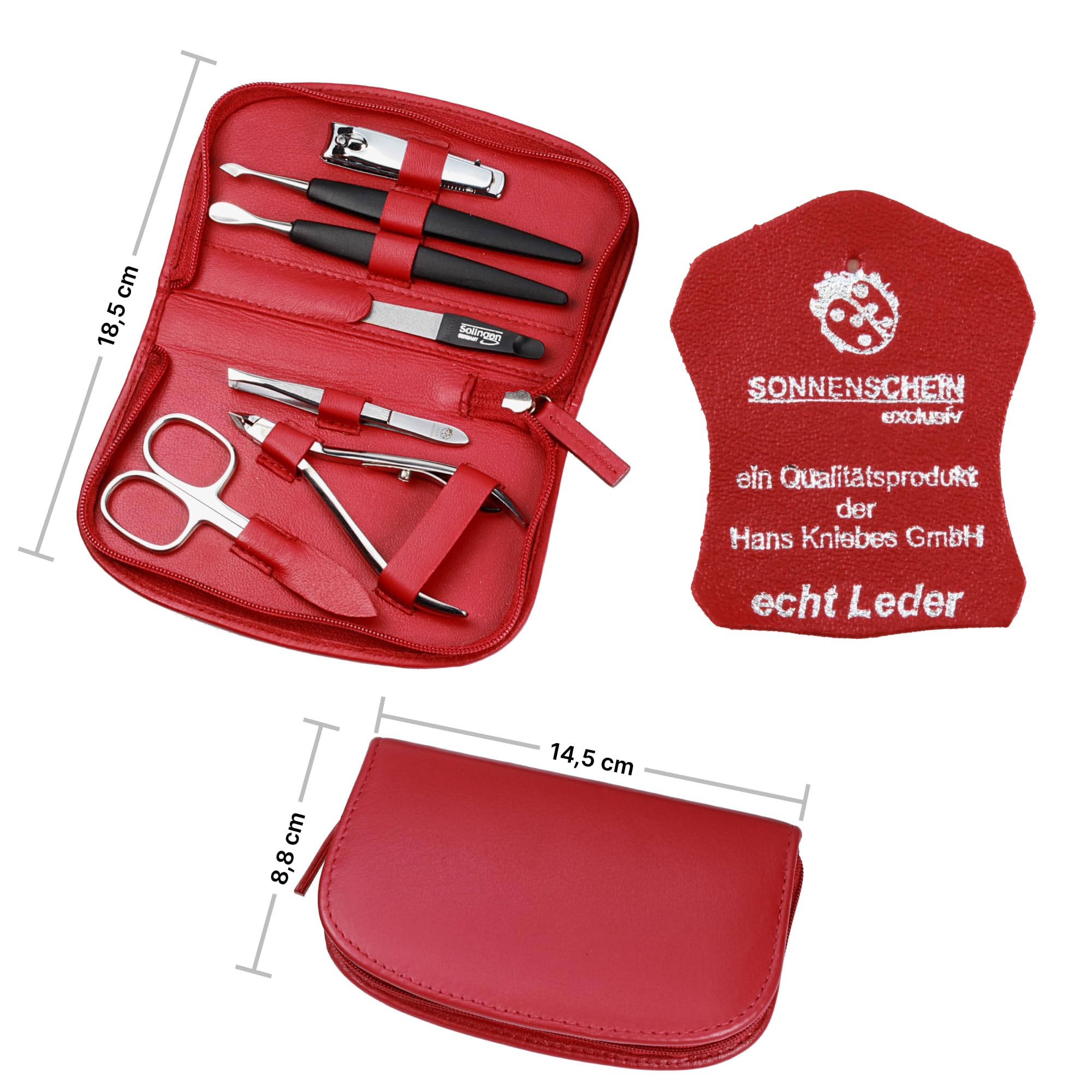 Sonnenschein by Hans Kniebes | Maniküre Set 7 teilig | Nagelschere, Hautzange, Nagelknipser, Nagelfeile, Pinzette, Nageldrücker, Nagelmesser | Nagelpflegeset Nappa-Lammleder Manicure Etui (Rot)