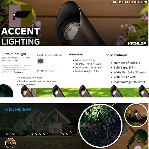 Miniatura 3 de Kichler 15475CBR - Foco de acento de una luz de 12 voltios, acabado de latón centenario, clasificación húmeda, 35W, accesorio de acento MR16,