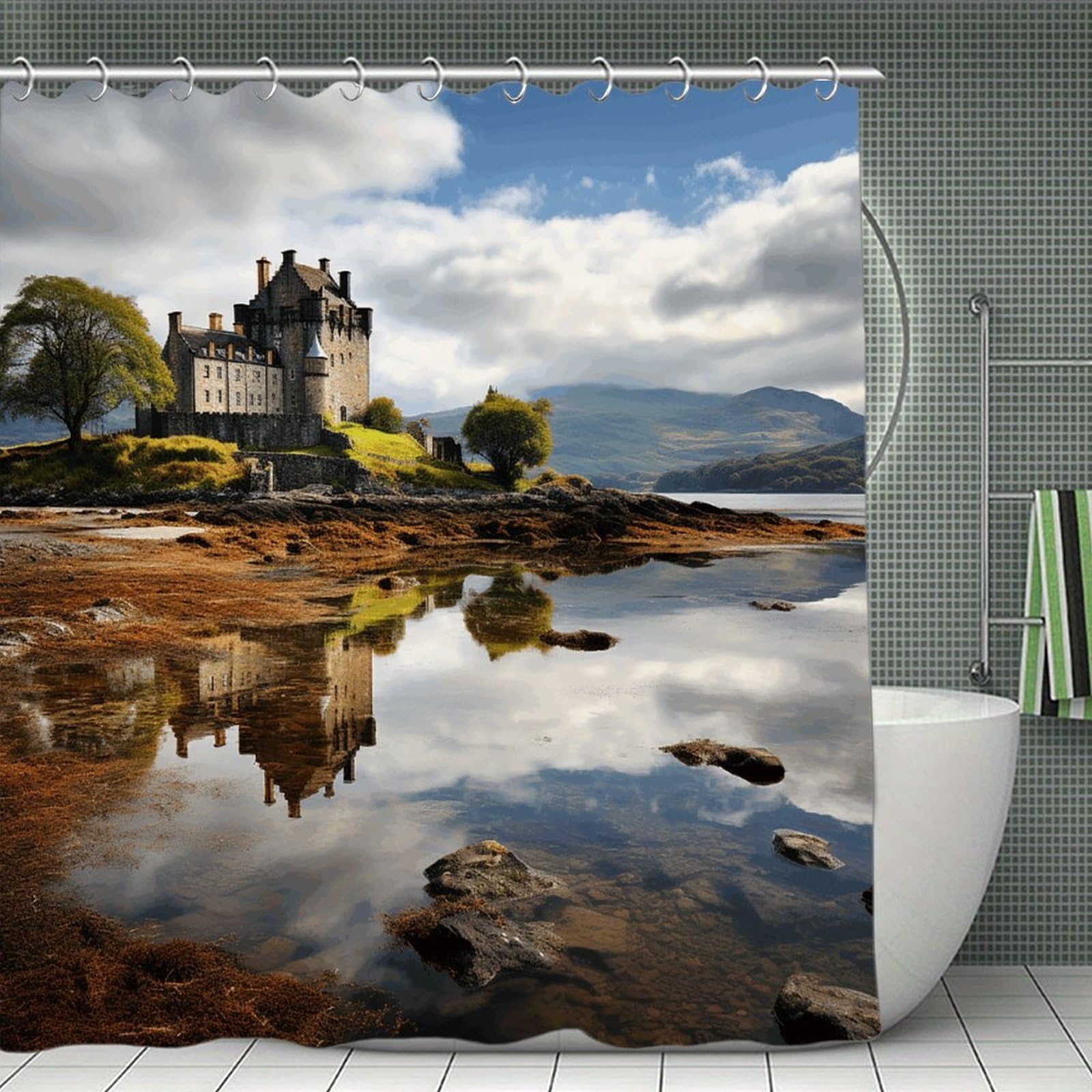 VstaDank Scotland Castle Water Lake Scottish Bath Curtain Elegant Heavy Duty Shower Curtains 70x70 in Rustic Farmhouse Cloth Shower Curtains Neutral Modern Bath Curtain for Bathroom