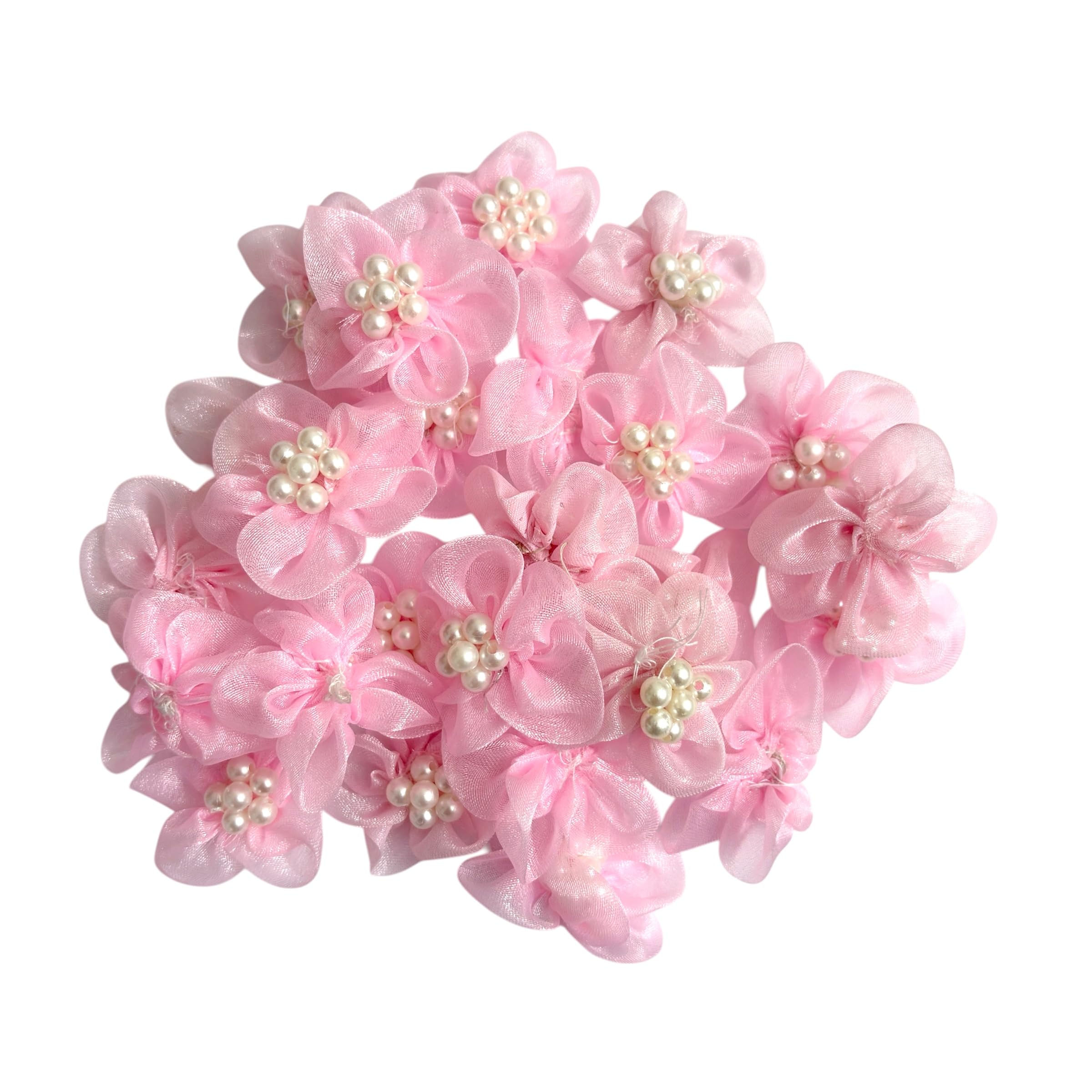 Pink Fabric Flower Embellishments with Pearl Center Handmade Organza Floral Appliques for Craft, Hair Accessories, Scrapbooking, DIY Decoration & Sewing Pack of 25 Piece 4CM-image-38